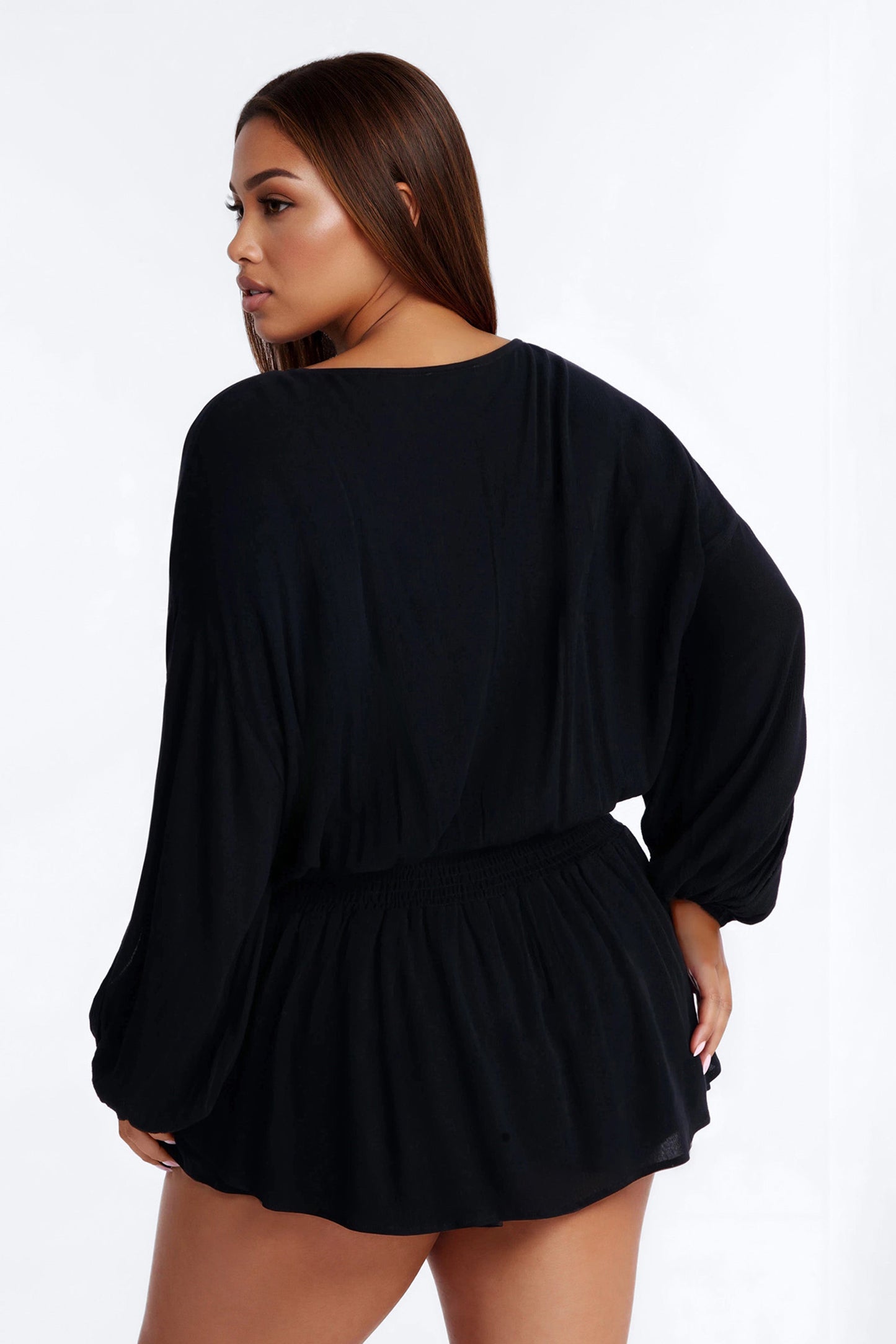 Layna Long Sleeve Flowy Romper - Black