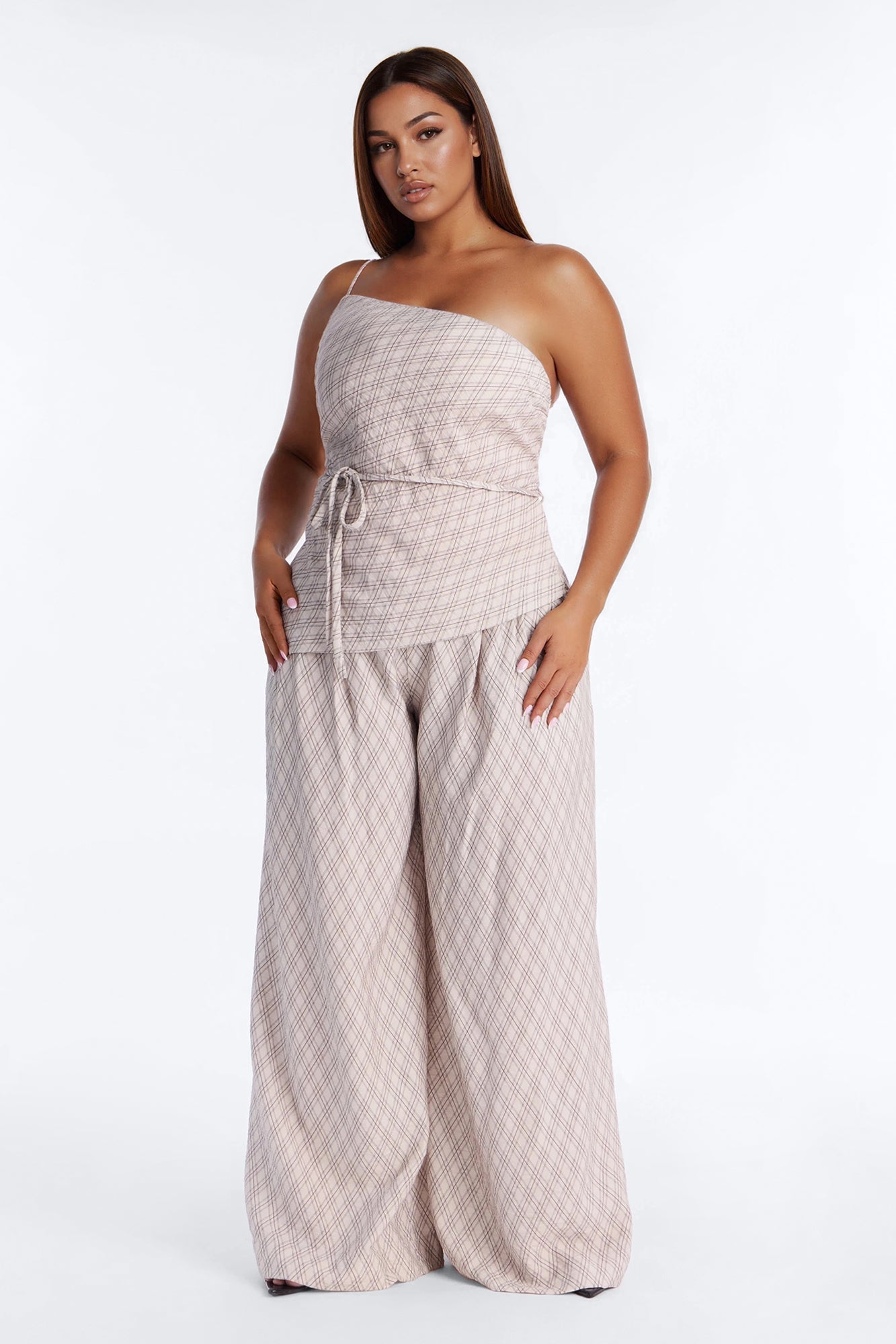Natalia Plaid One Shoulder Pant Set - Cream/combo