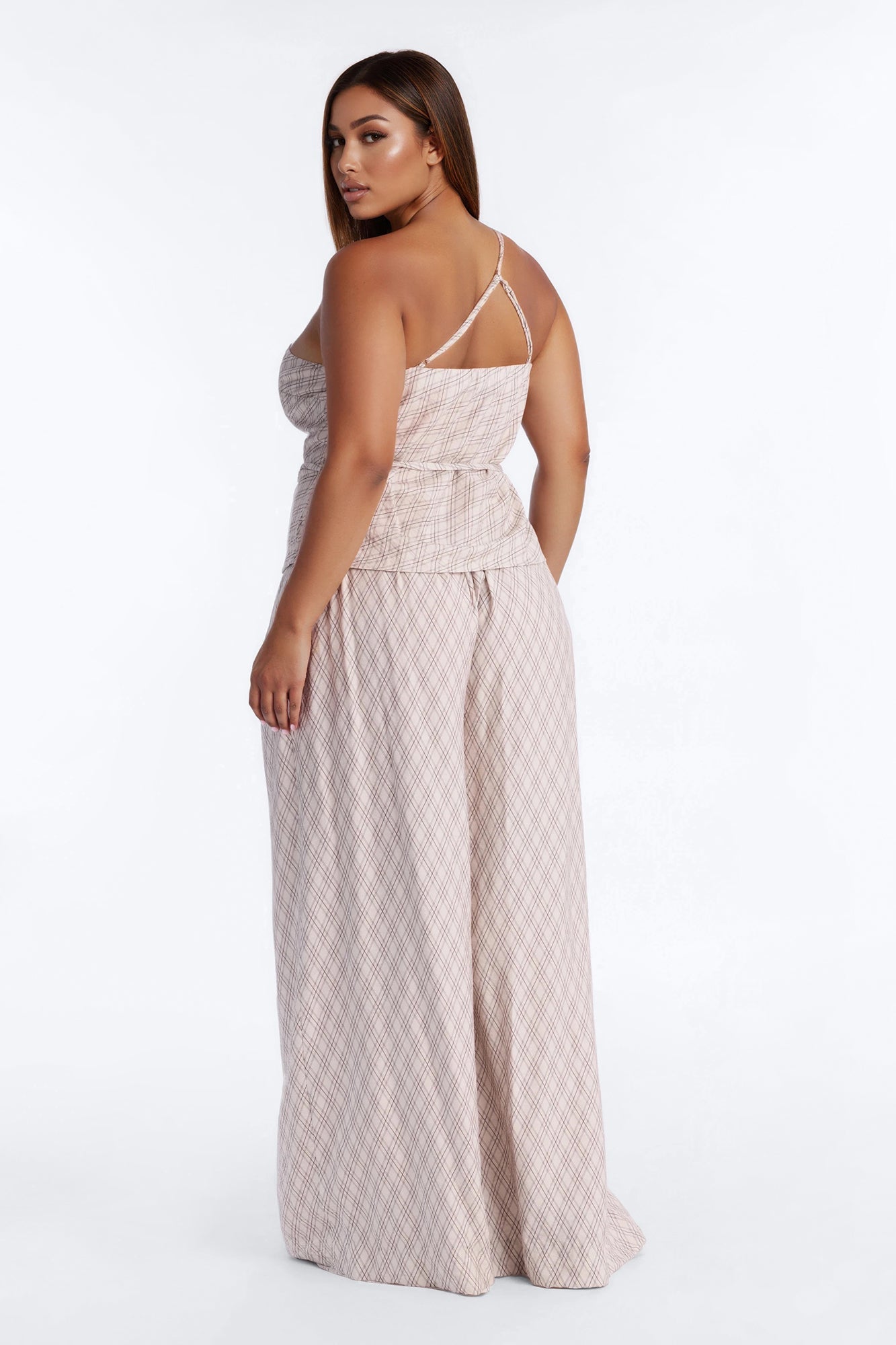 Natalia Plaid One Shoulder Pant Set - Cream/combo