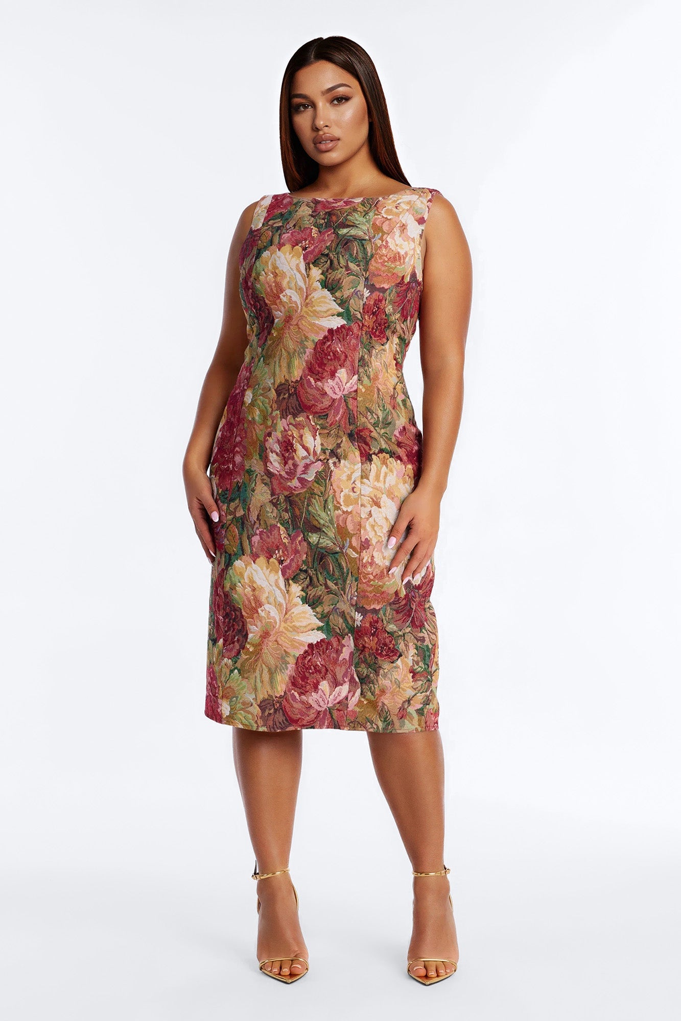 Brittany Floral Jacquard Midi Dress - Burgundy/combo