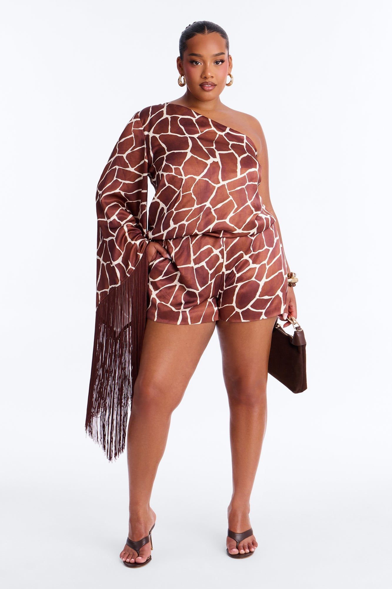 Samara Satin Fringe Romper - Brown