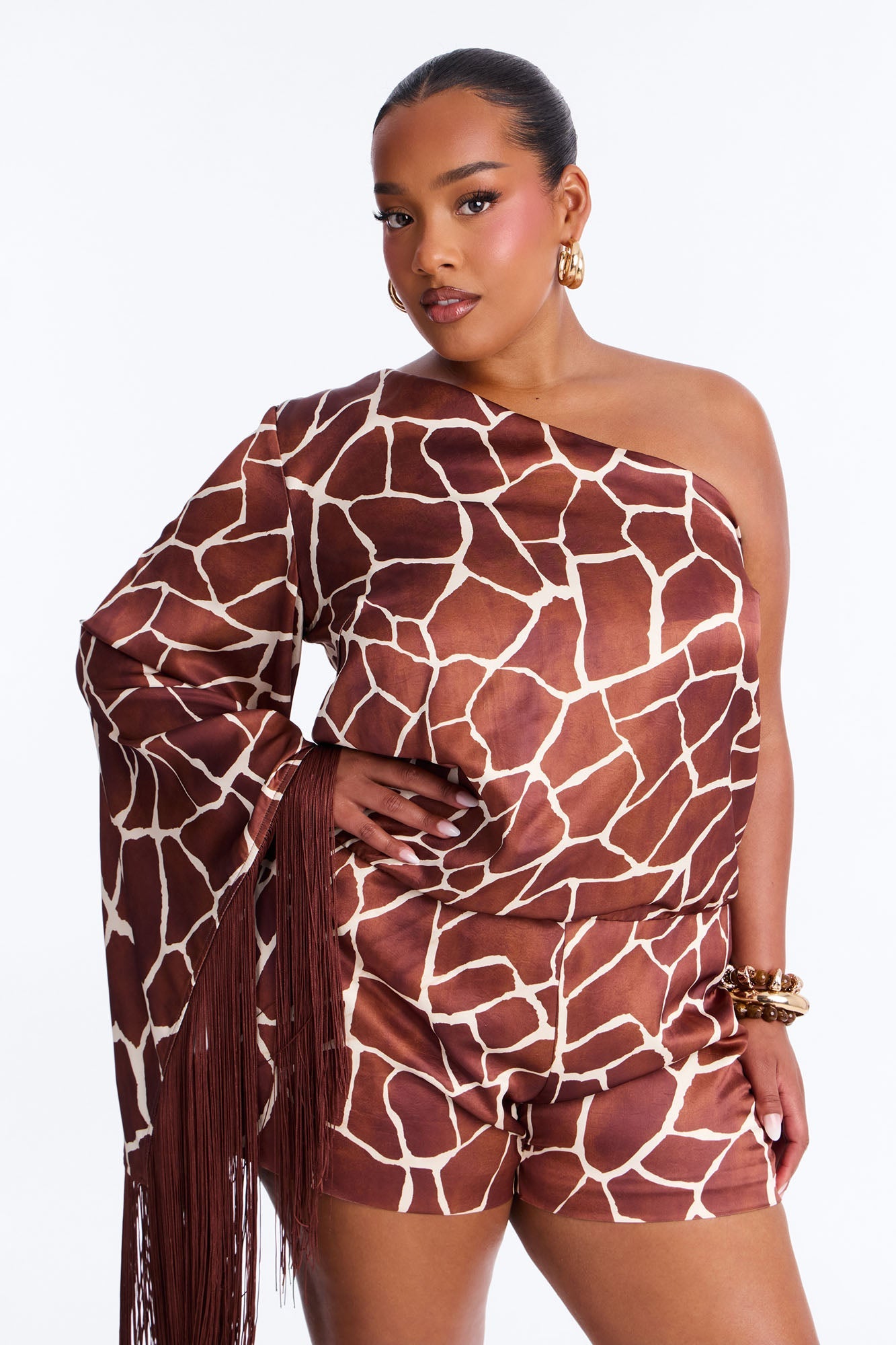 Samara Satin Fringe Romper - Brown
