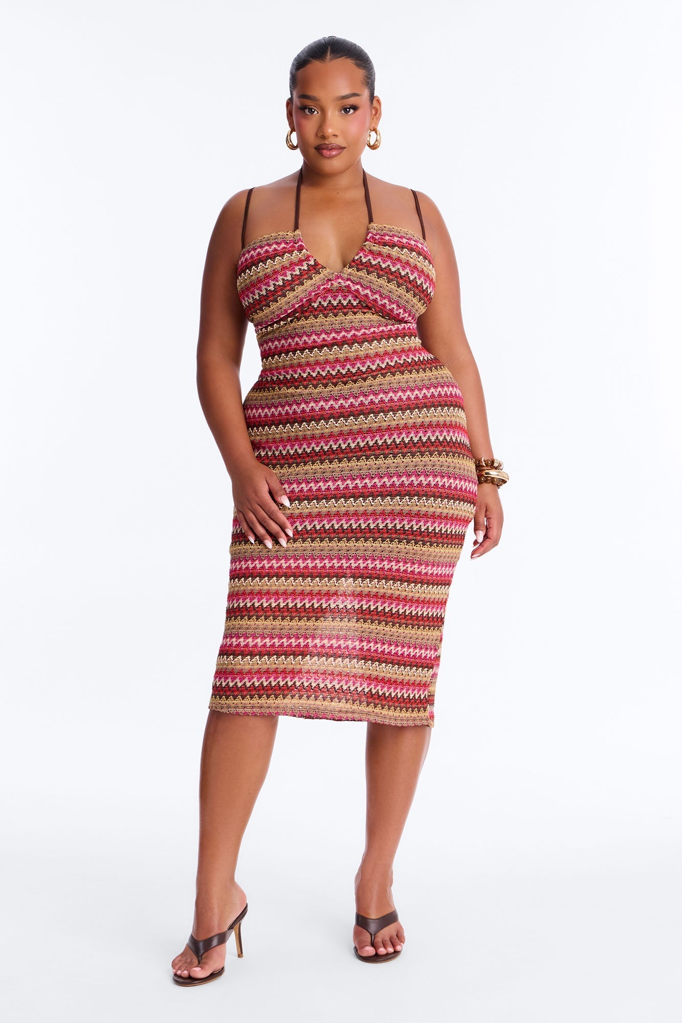 Sacha Chevron Crochet Midi Dress - Brown/combo Fashion Nova