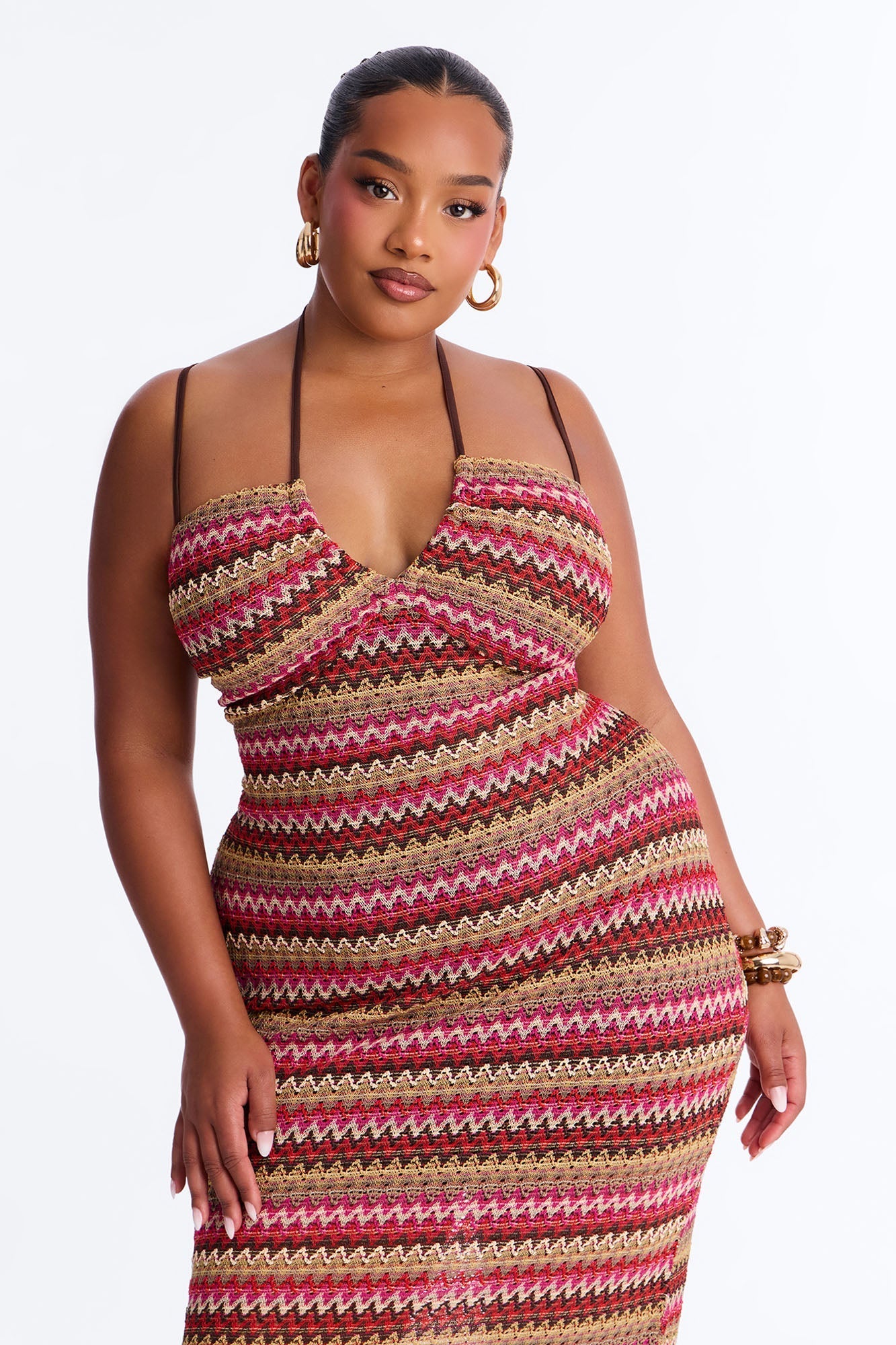 Sacha Chevron Crochet Midi Dress - Brown/combo Fashion Nova