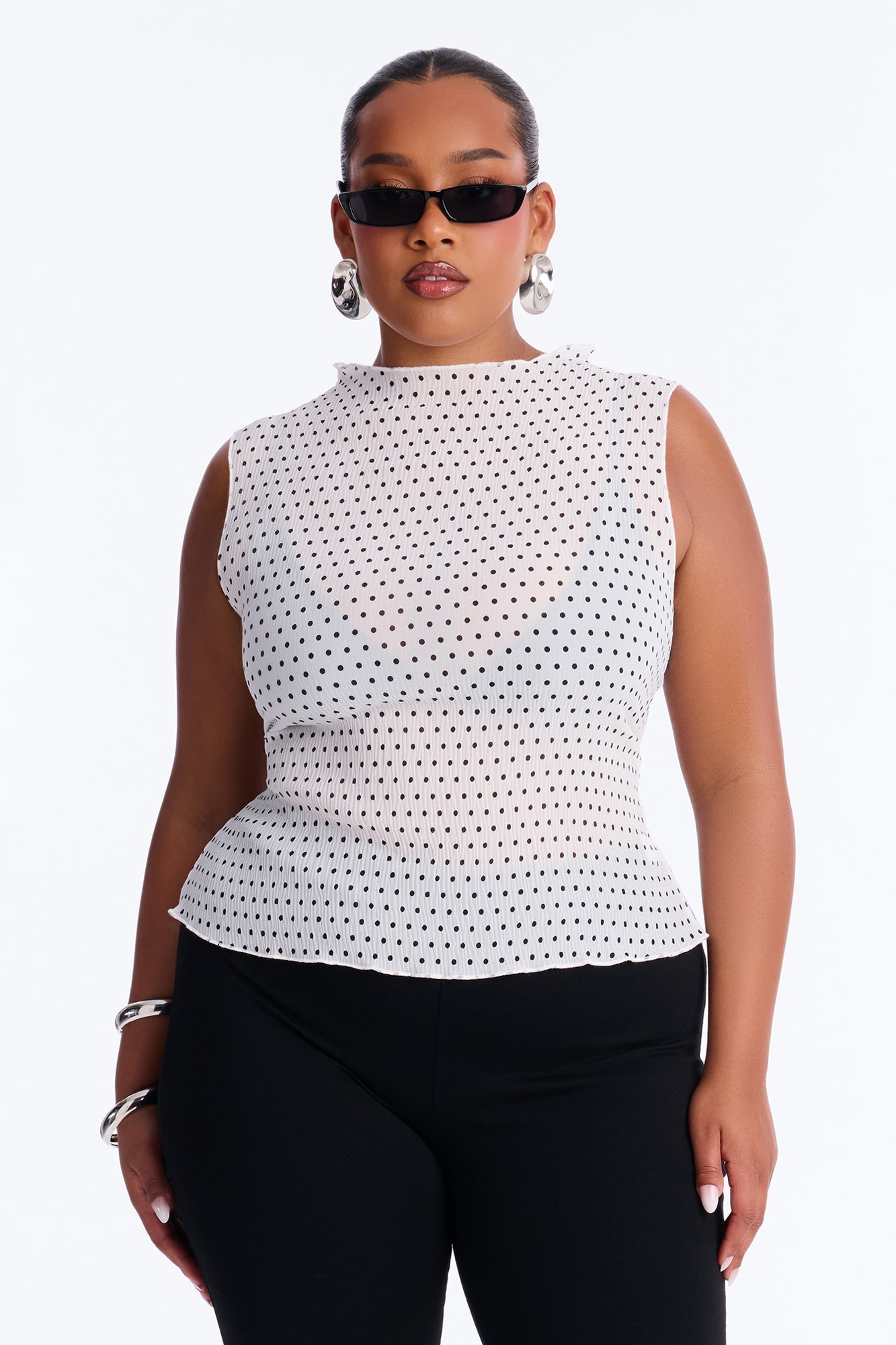 Into Paradise Mock Neck Polka Dot Plisse Top - White/combo Fashion Nova
