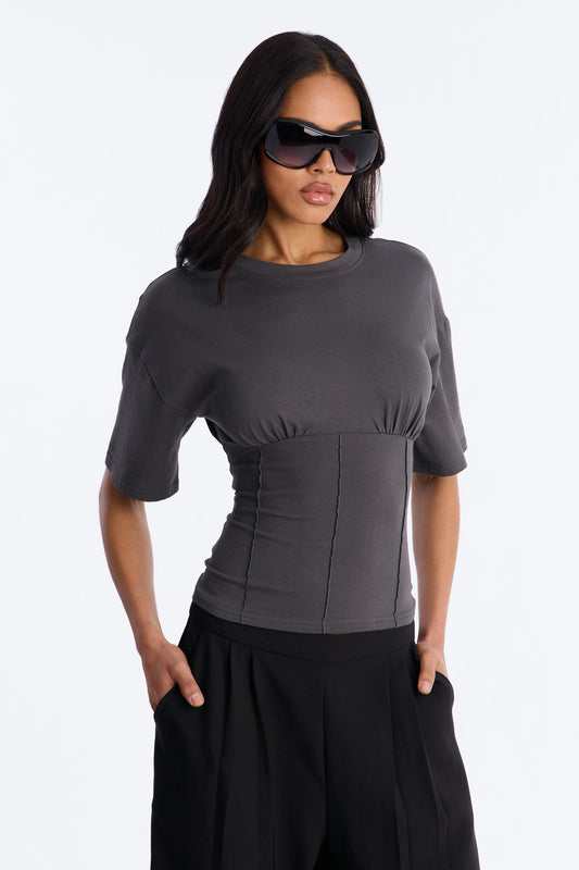 Kaylee Cinched Waist Short Sleeve T-Shirt - Charcoal