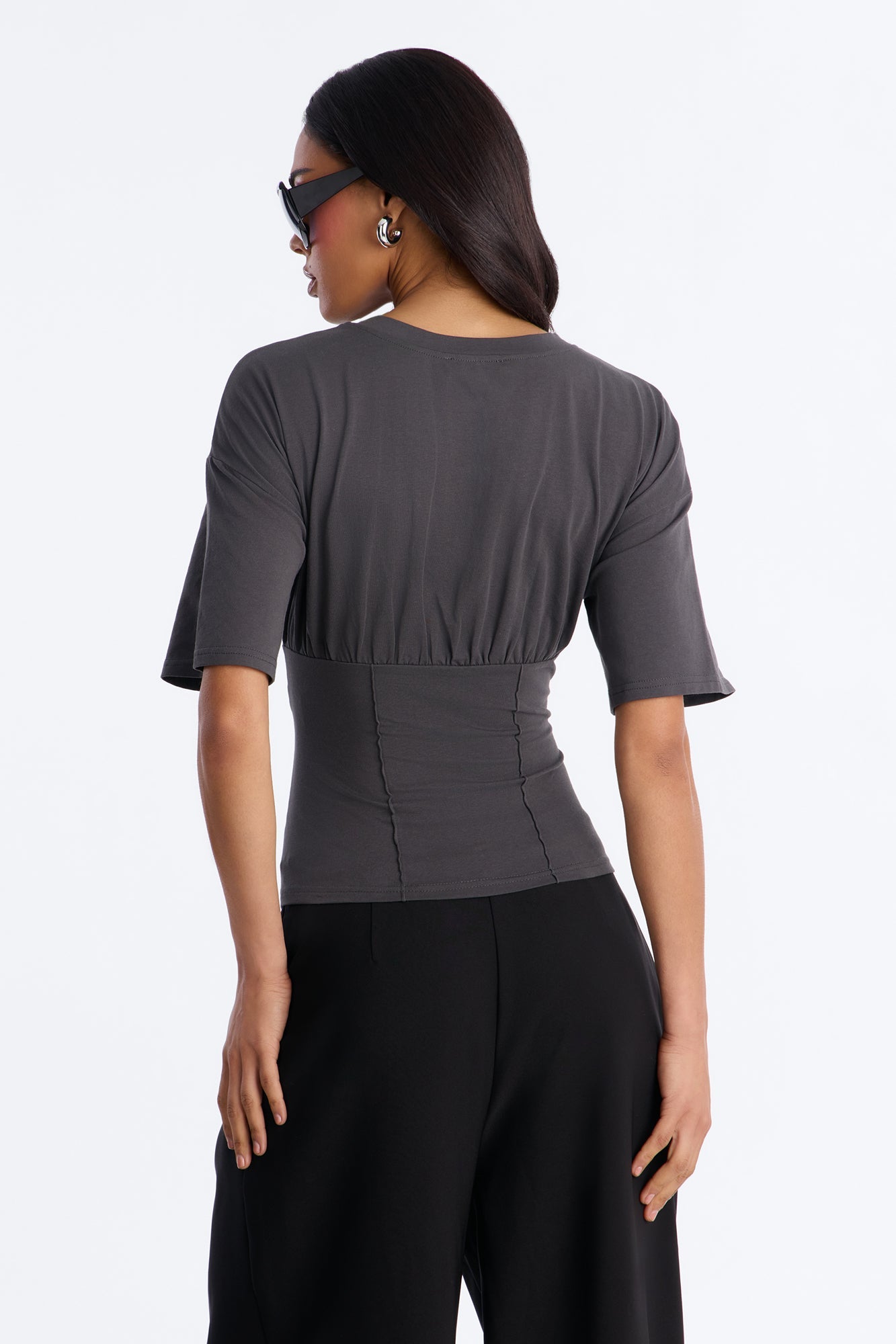 Kaylee Cinched Waist Short Sleeve T-Shirt - Charcoal