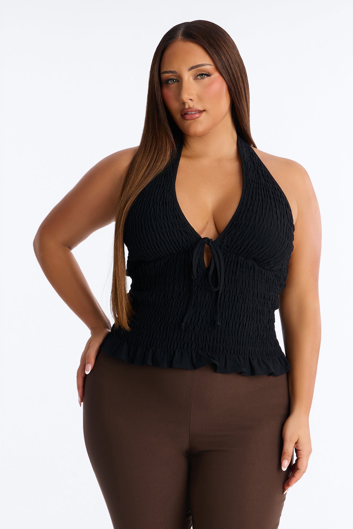 Gentle Mood Smocked Linen Halter Top - Black
