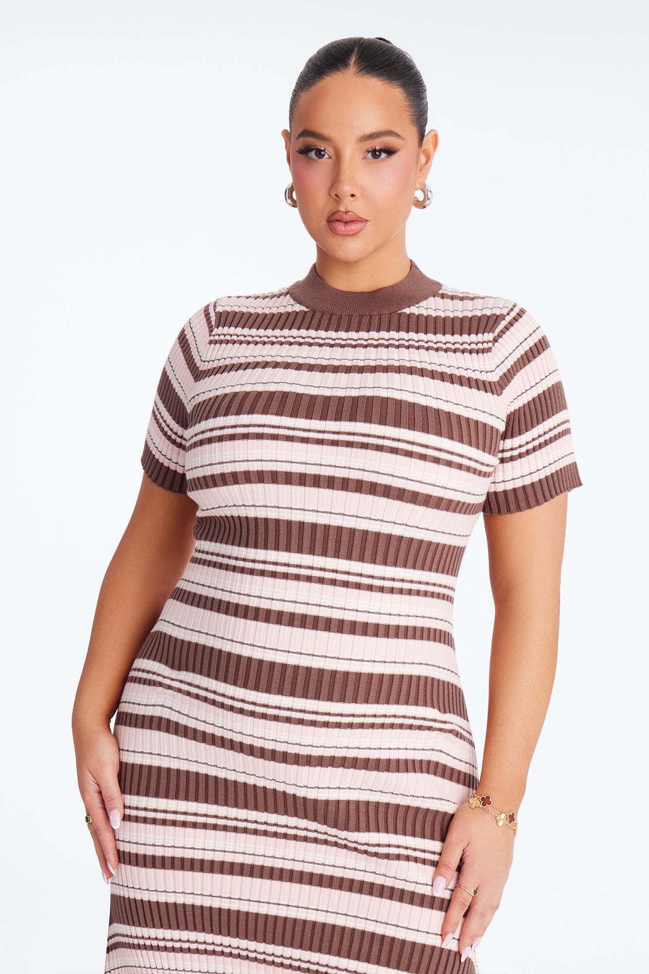 Rare Catch Ribbed Striped Midi Dress - Mocha/combo