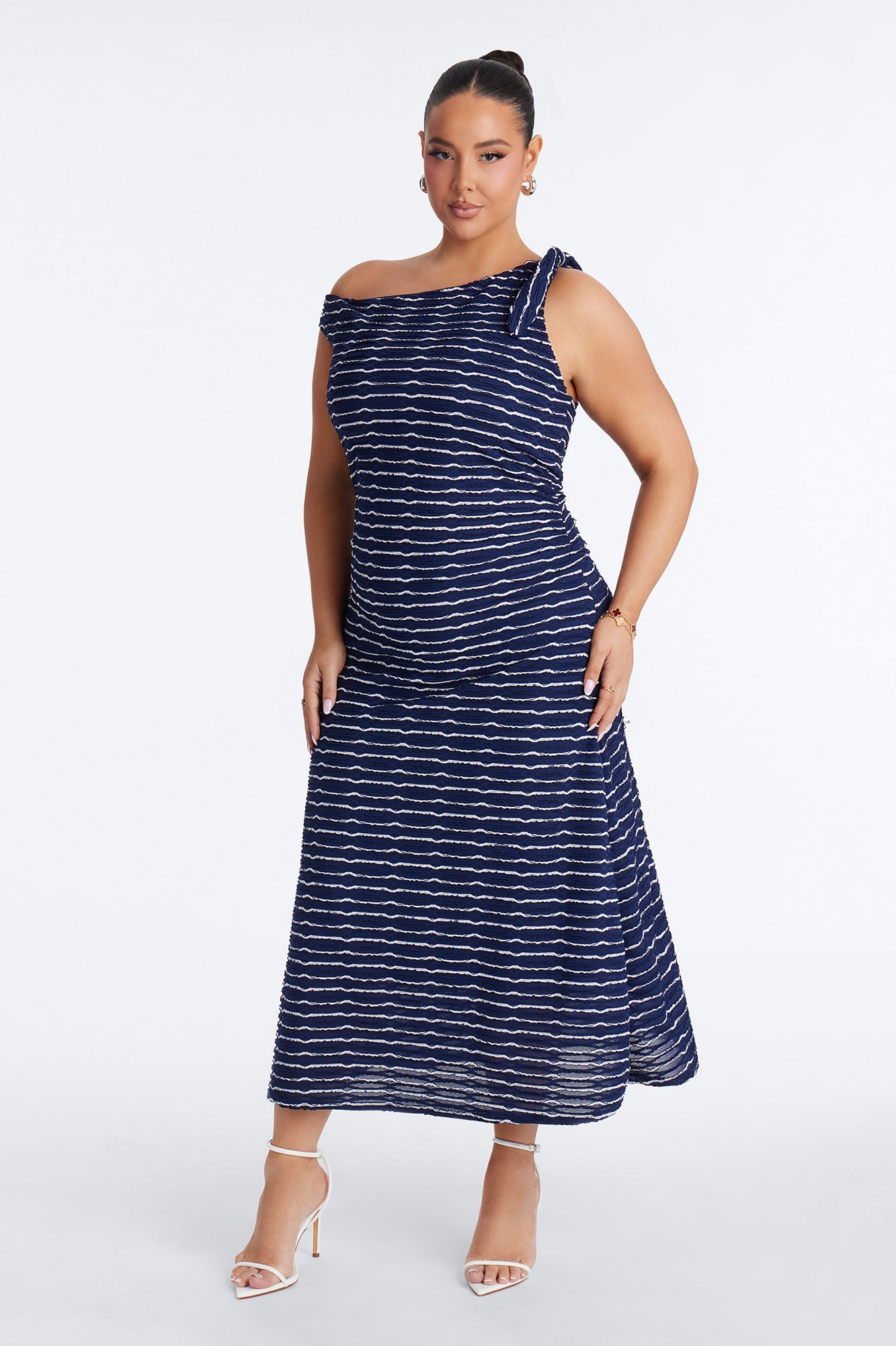 Crystal Striped Textured Midi Dress - Navy/combo