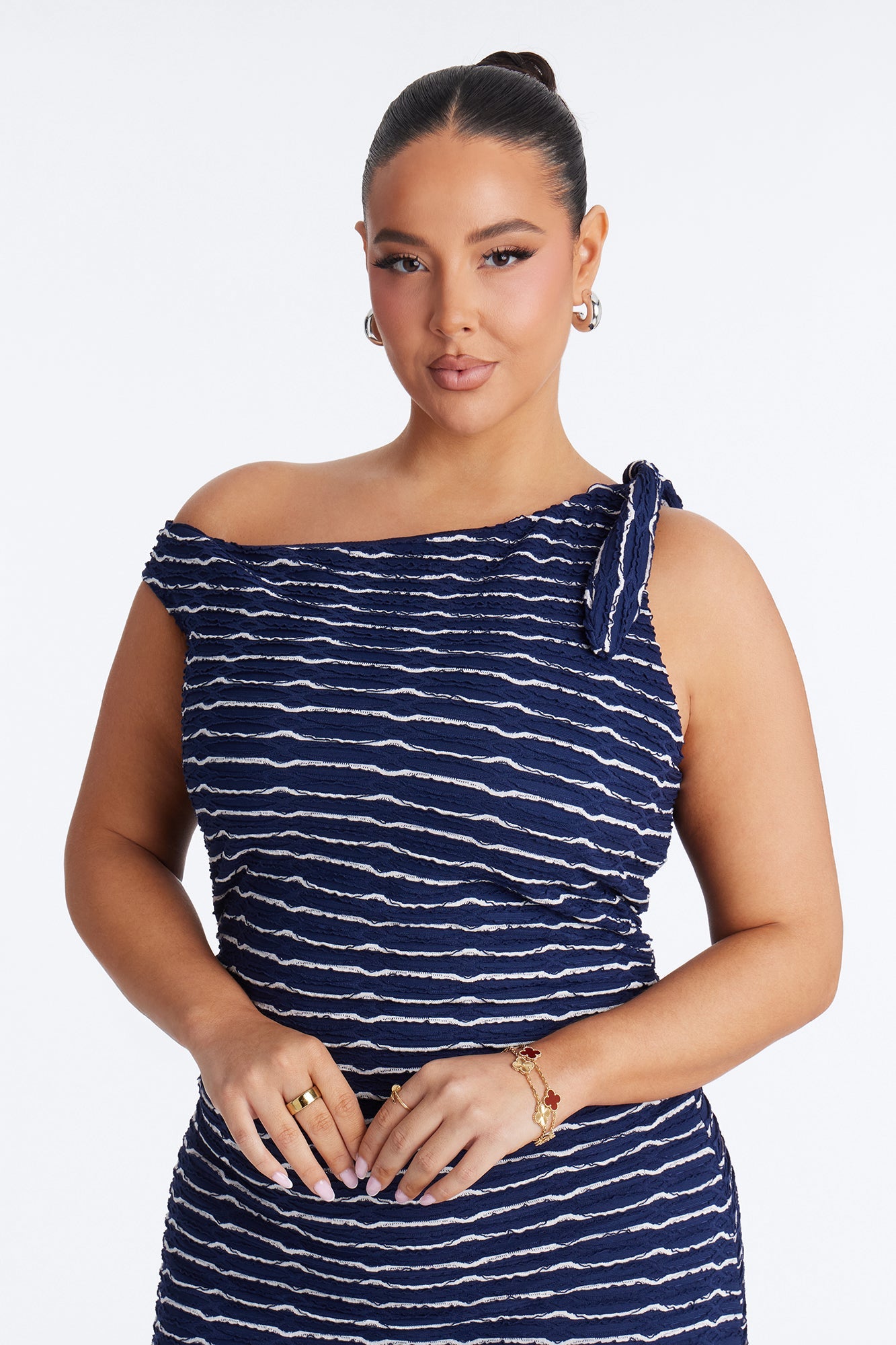 Crystal Striped Textured Midi Dress - Navy/combo