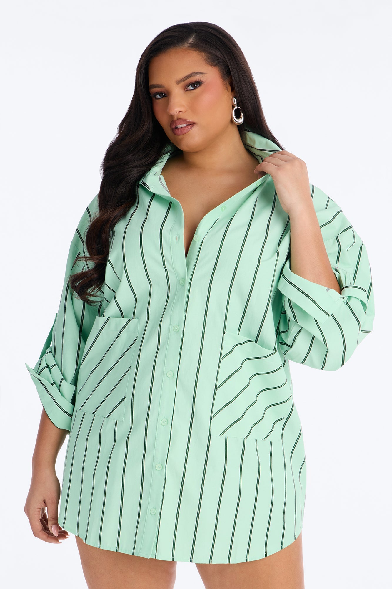 Izzy Pinstripe Shirt Micro Mini Dress - Green