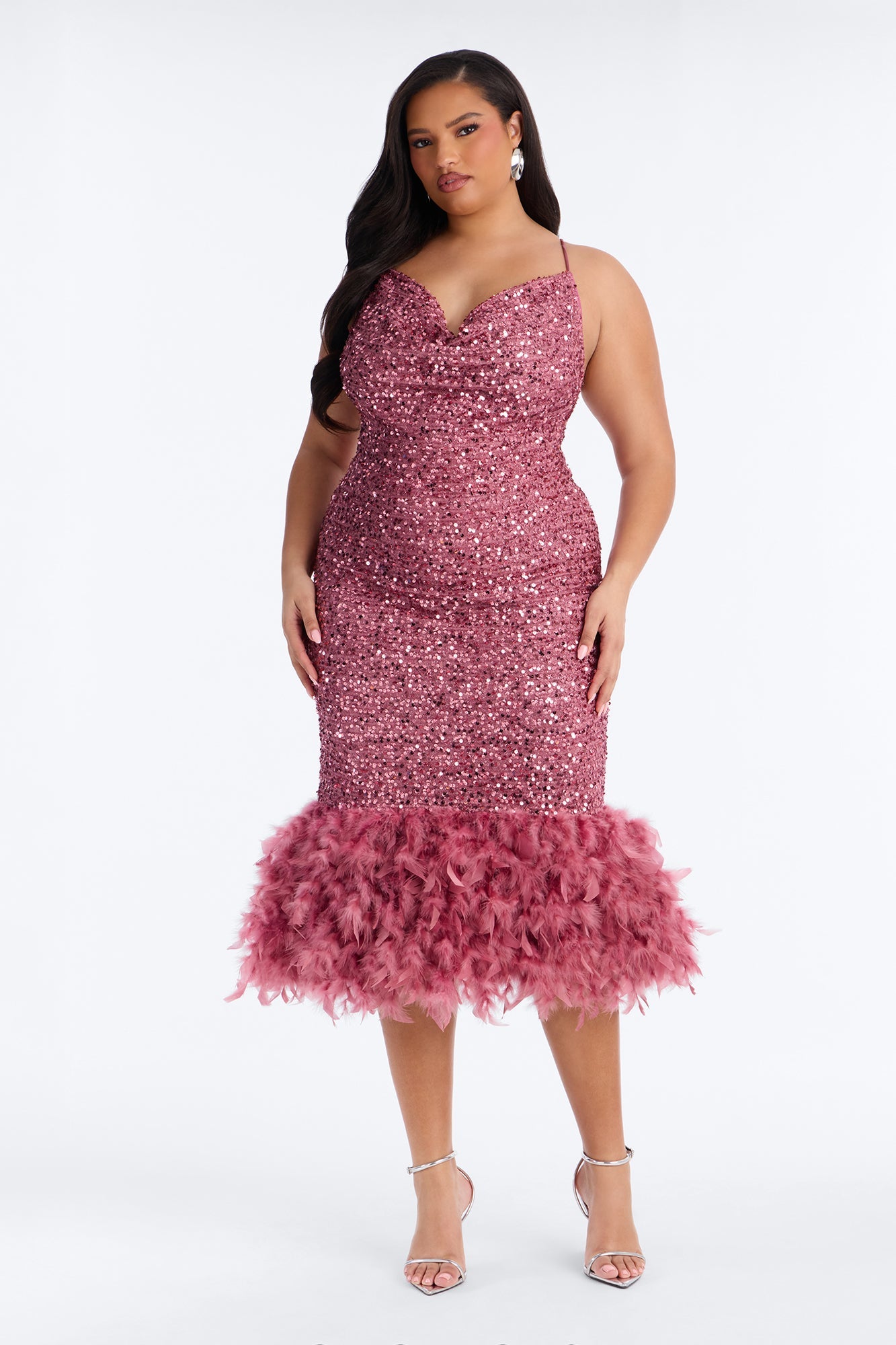 Zoey Feathered Sequin Midi Dress - Mauve