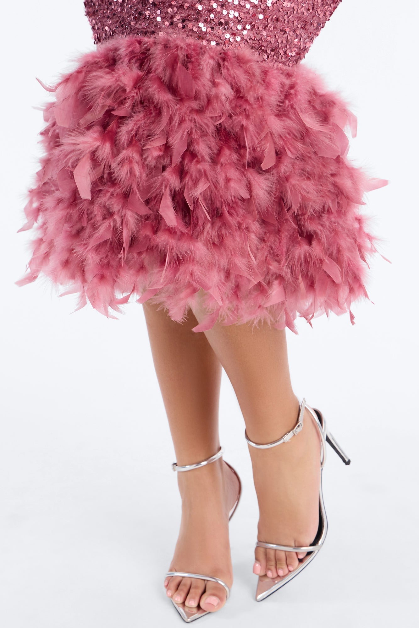 Zoey Feathered Sequin Midi Dress - Mauve