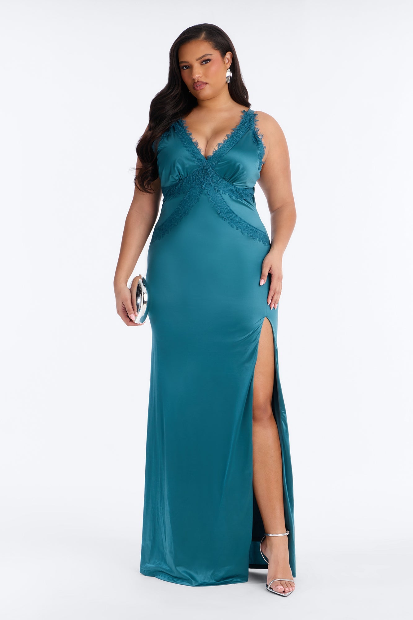 Thea Lace Satin Maxi Dress - Jade