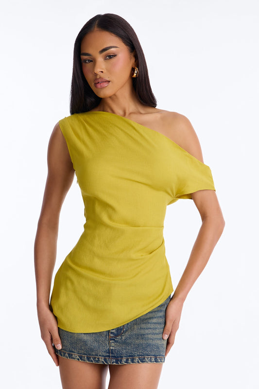Cutie With A Duty One Shoulder Linen Top - Chartreuse Fashion Nova