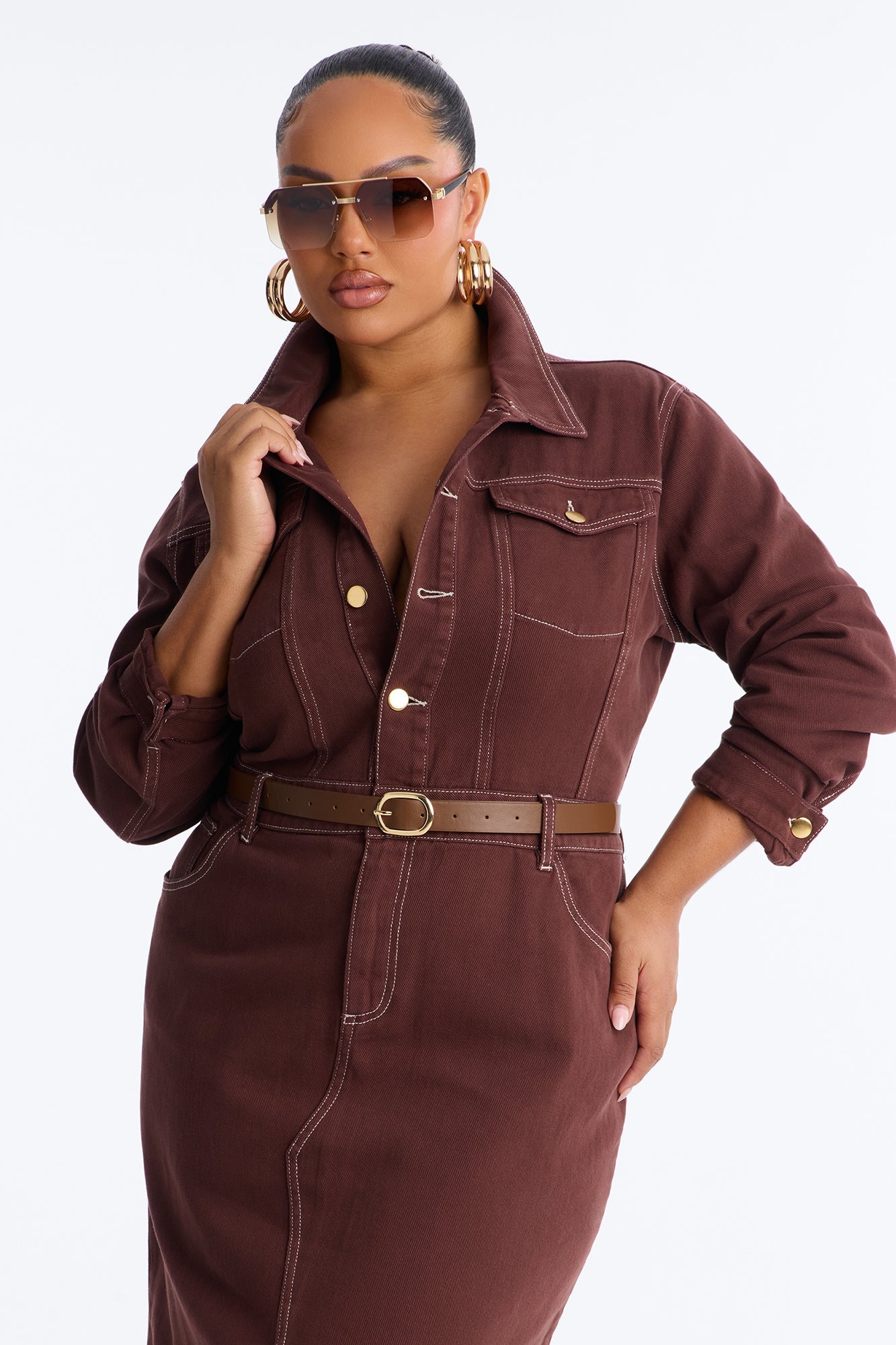 Harper Belted Denim Midi Dress - Brown