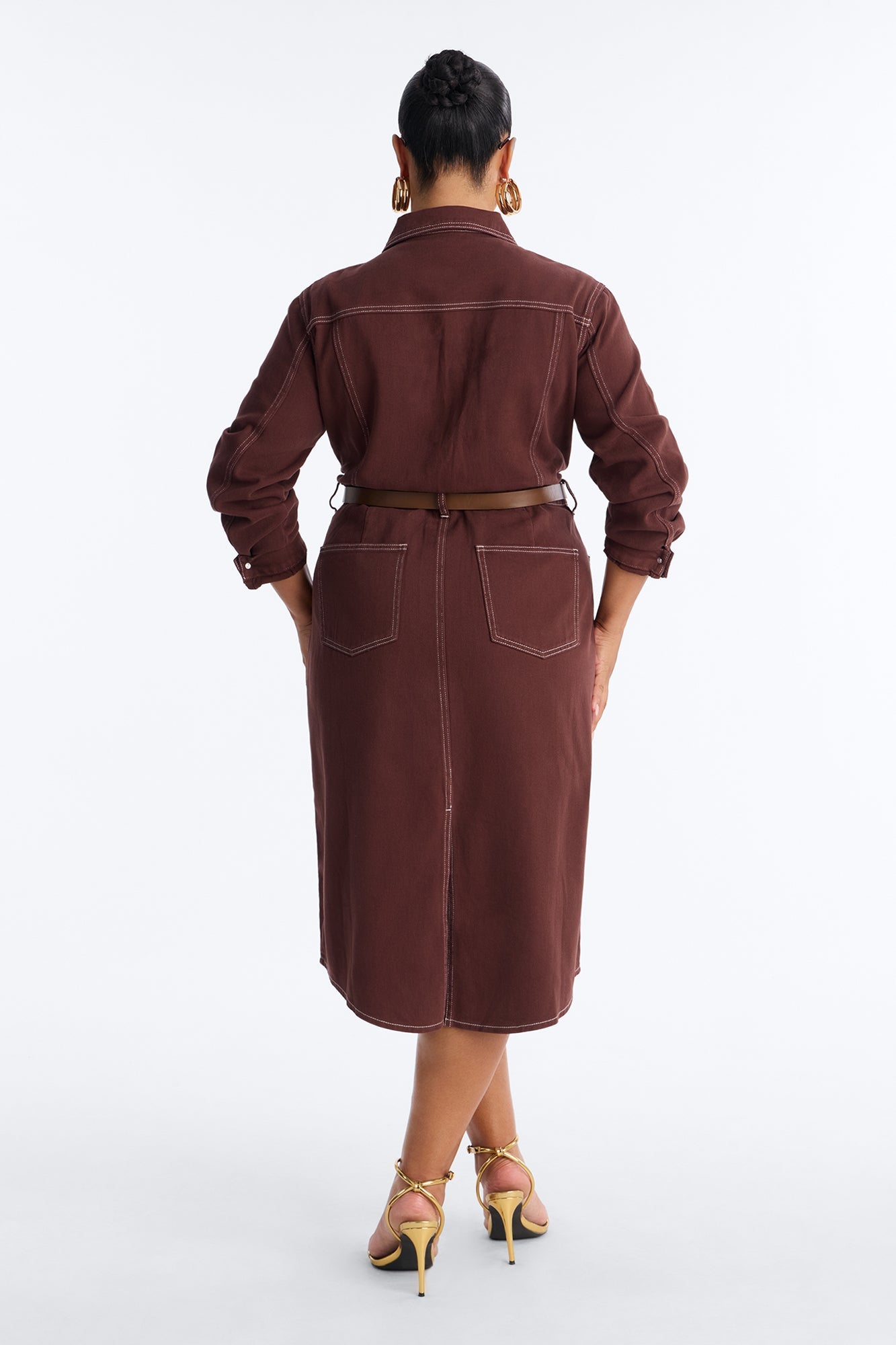 Harper Belted Denim Midi Dress - Brown