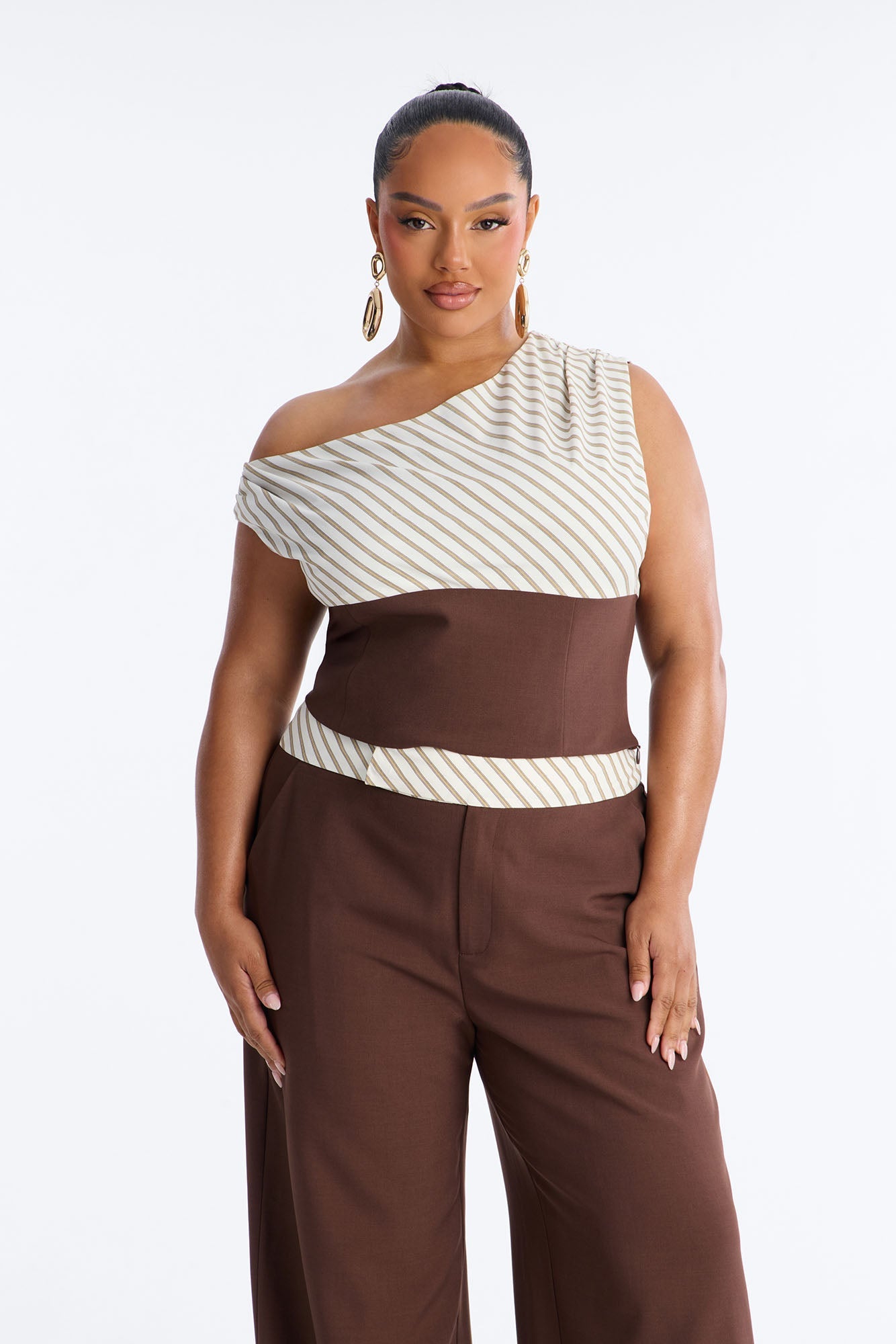 Georgia Striped Off The Shoulder Pant Set - Brown