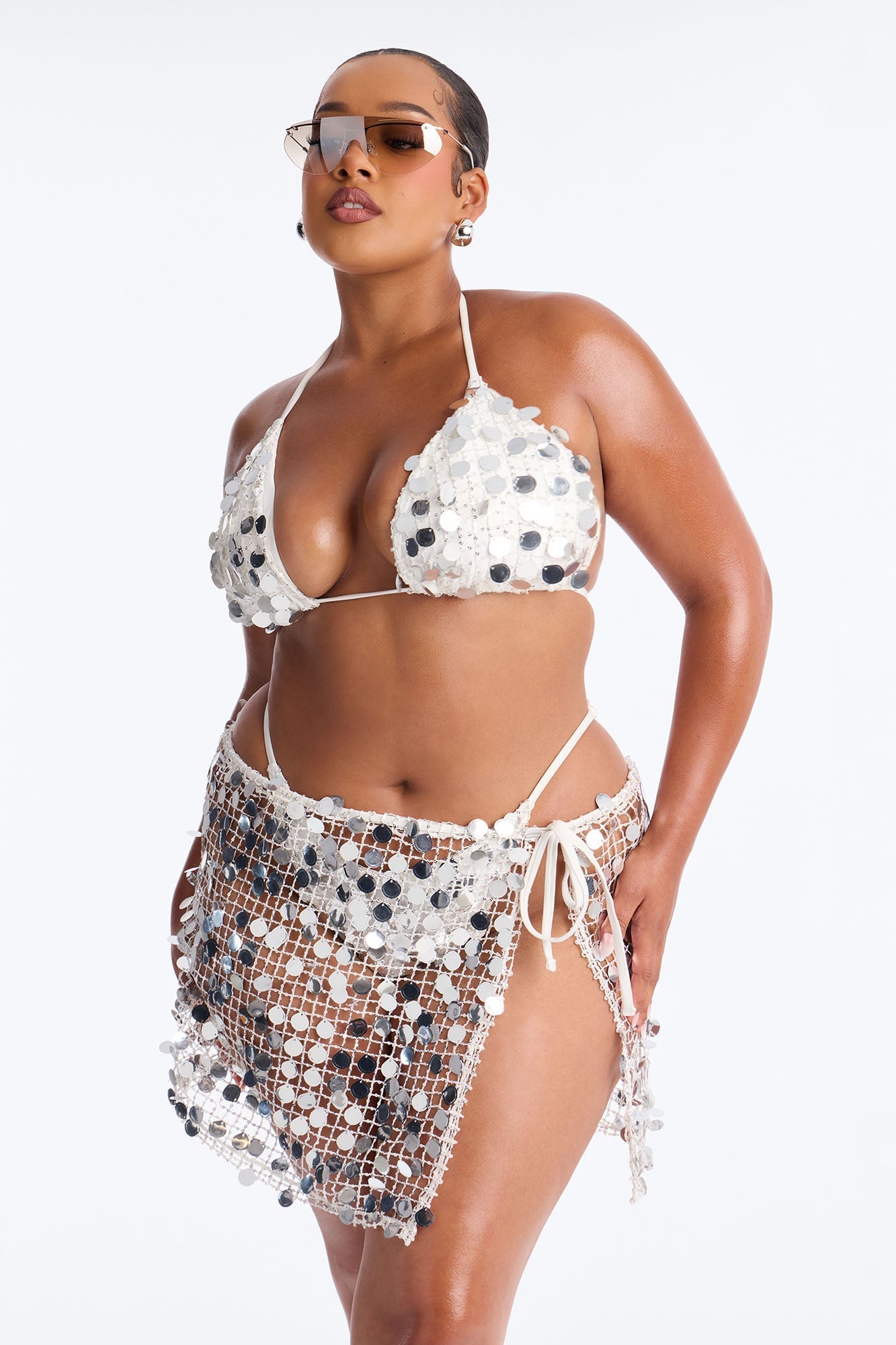 Drinks On The Beach Bikini And Coverup Skirt Set - Silver Fashion Nova