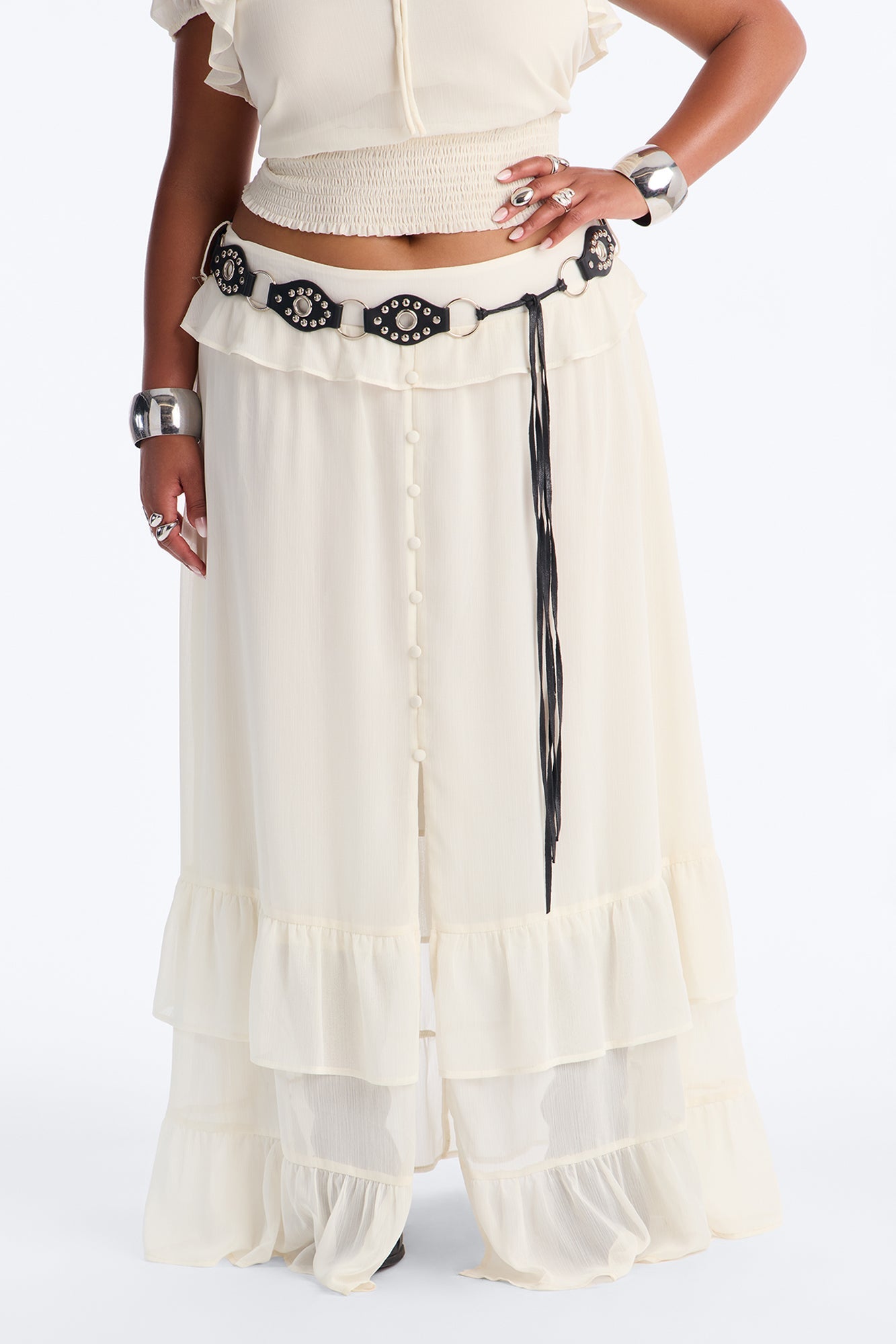 Odessa Ruffle Belted Maxi Skirt Set - Cream