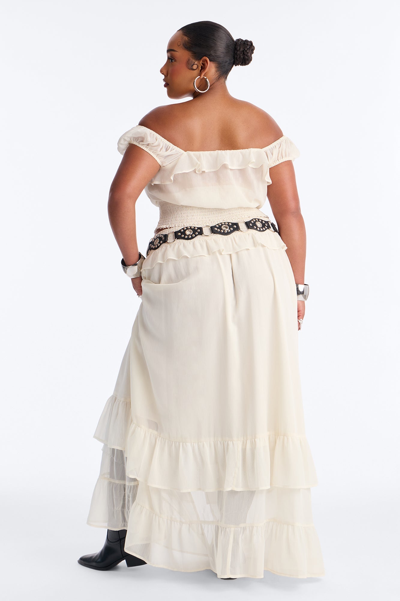 Odessa Ruffle Belted Maxi Skirt Set - Cream