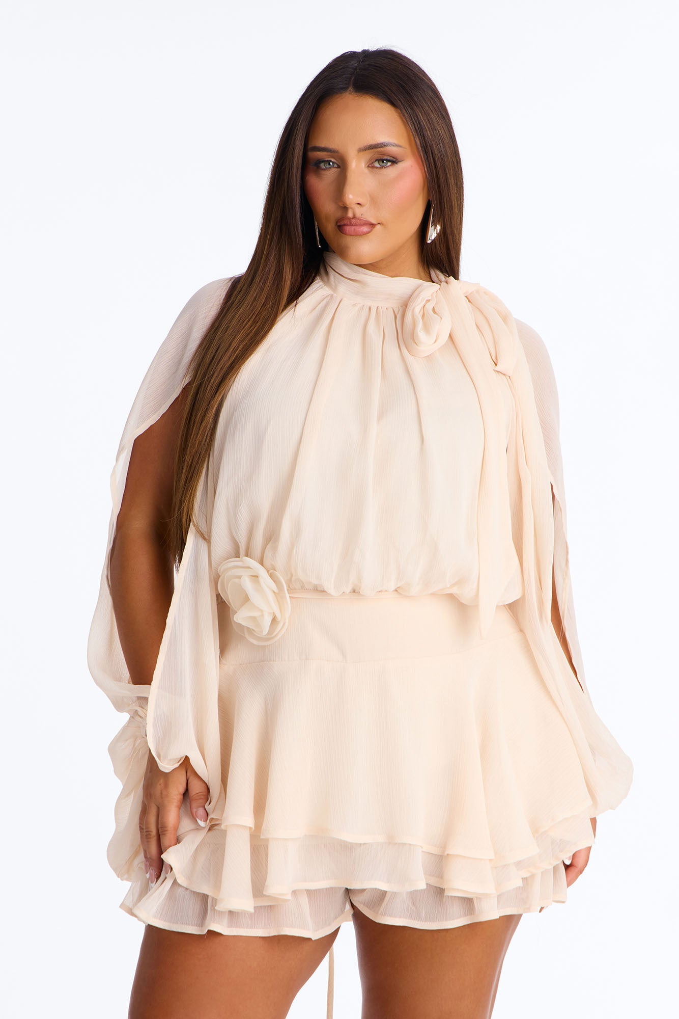 Genevieve Chiffon Ruffle Romper - Peach