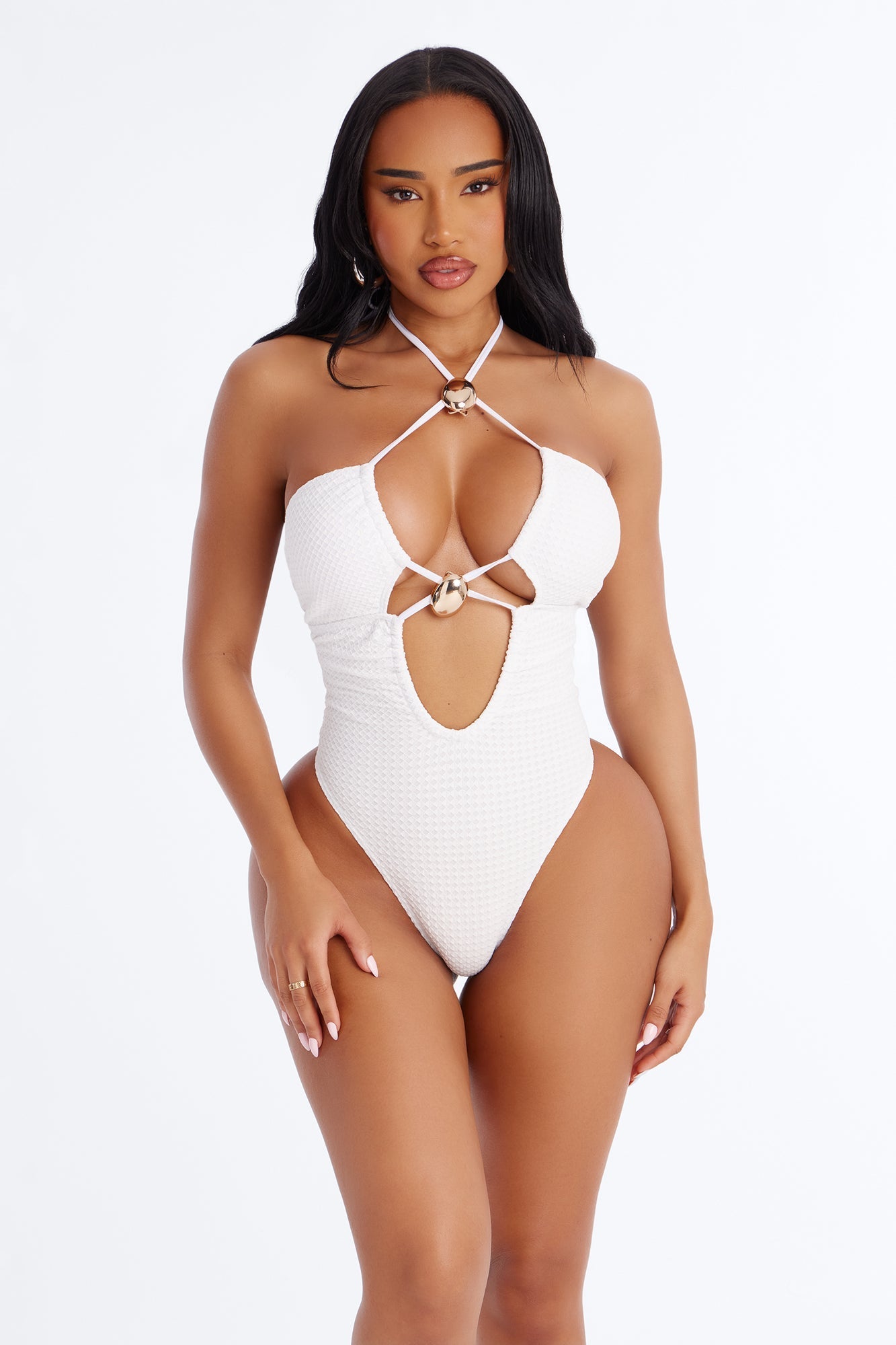 Nyssa 1 Piece Textured Triangle Swimsuit - White Fashion Nova