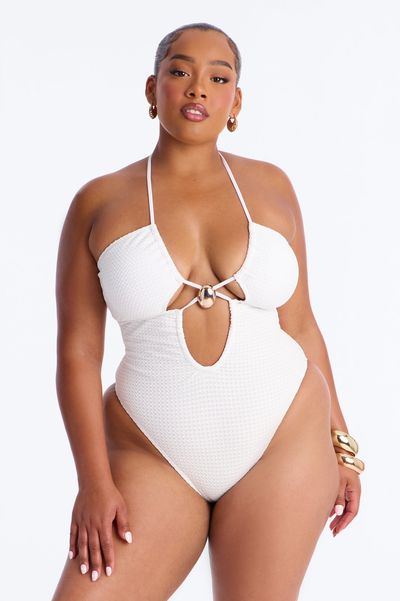 Nyssa 1 Piece Textured Triangle Swimsuit - White Fashion Nova