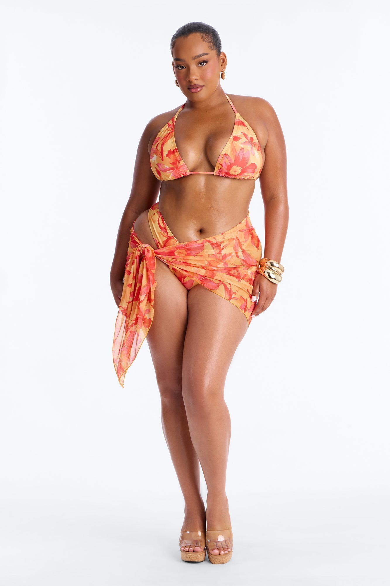 Lora Floral 3 Piece Triangle Bikini Set - Orange/combo Fashion Nova