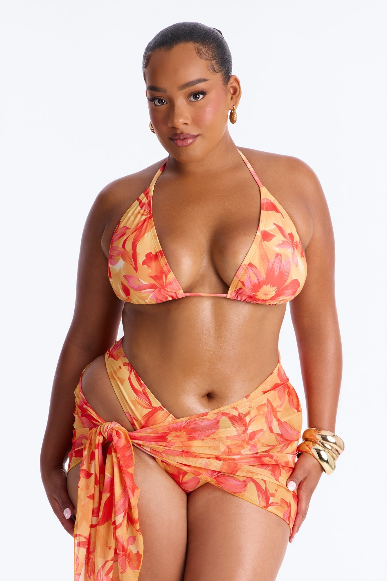Lora Floral 3 Piece Triangle Bikini Set - Orange/combo Fashion Nova