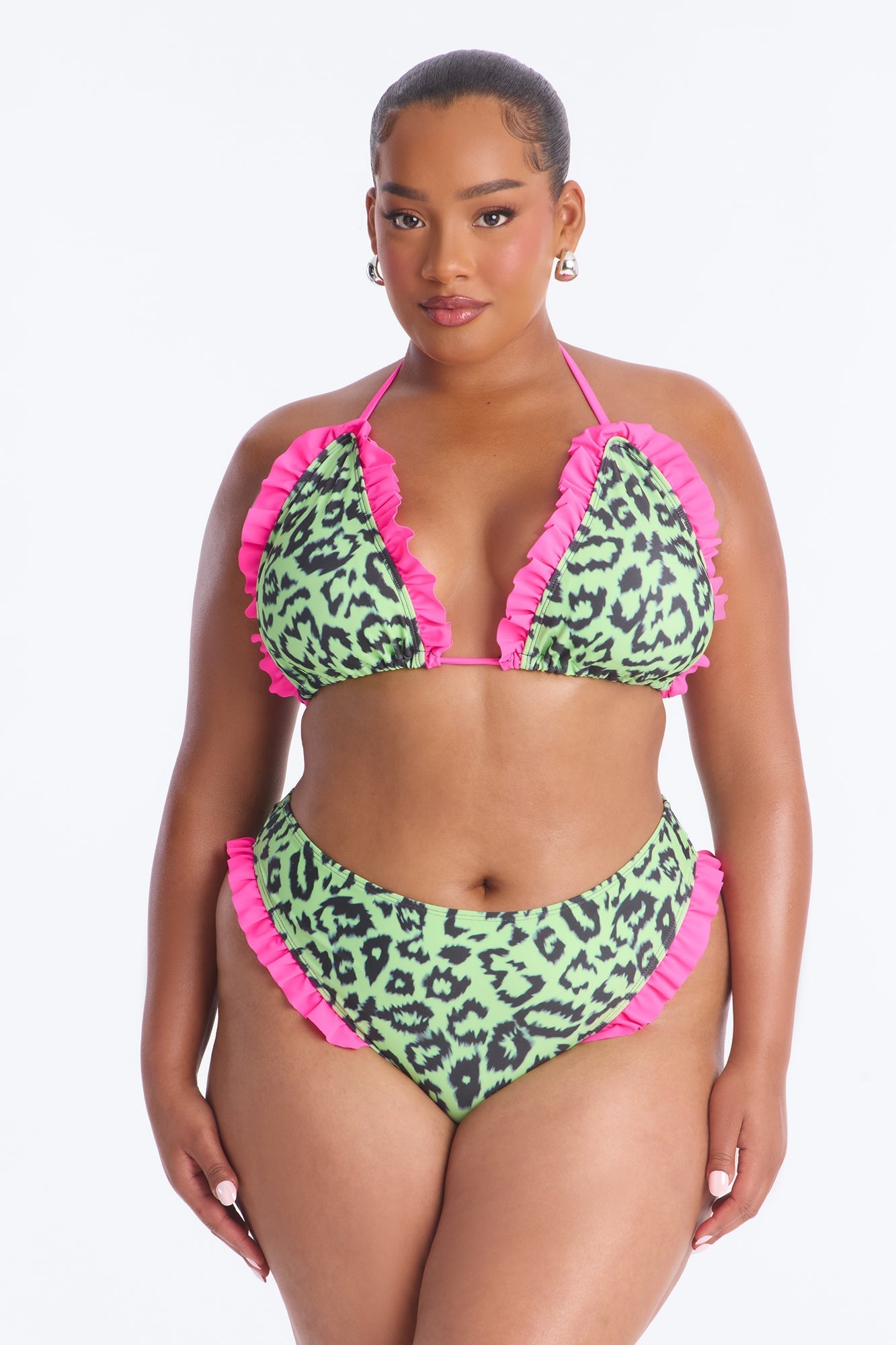 Feelin Fierce 2 Piece Leopard Triangle Ruffle Bikini Set - Pink/combo Fashion Nova