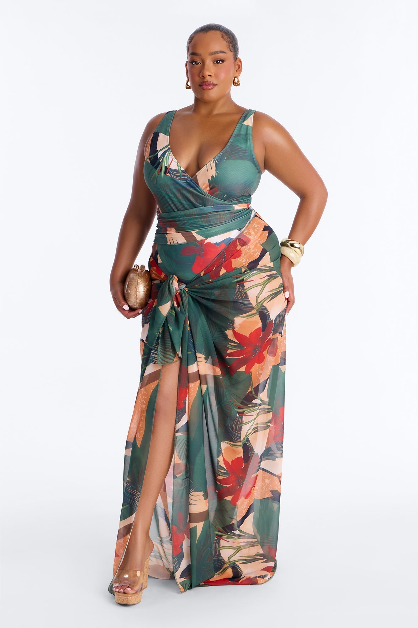 Solene 1 Piece Draped Swimsuit With Matching Sarong - Multi Color Fashion Nova