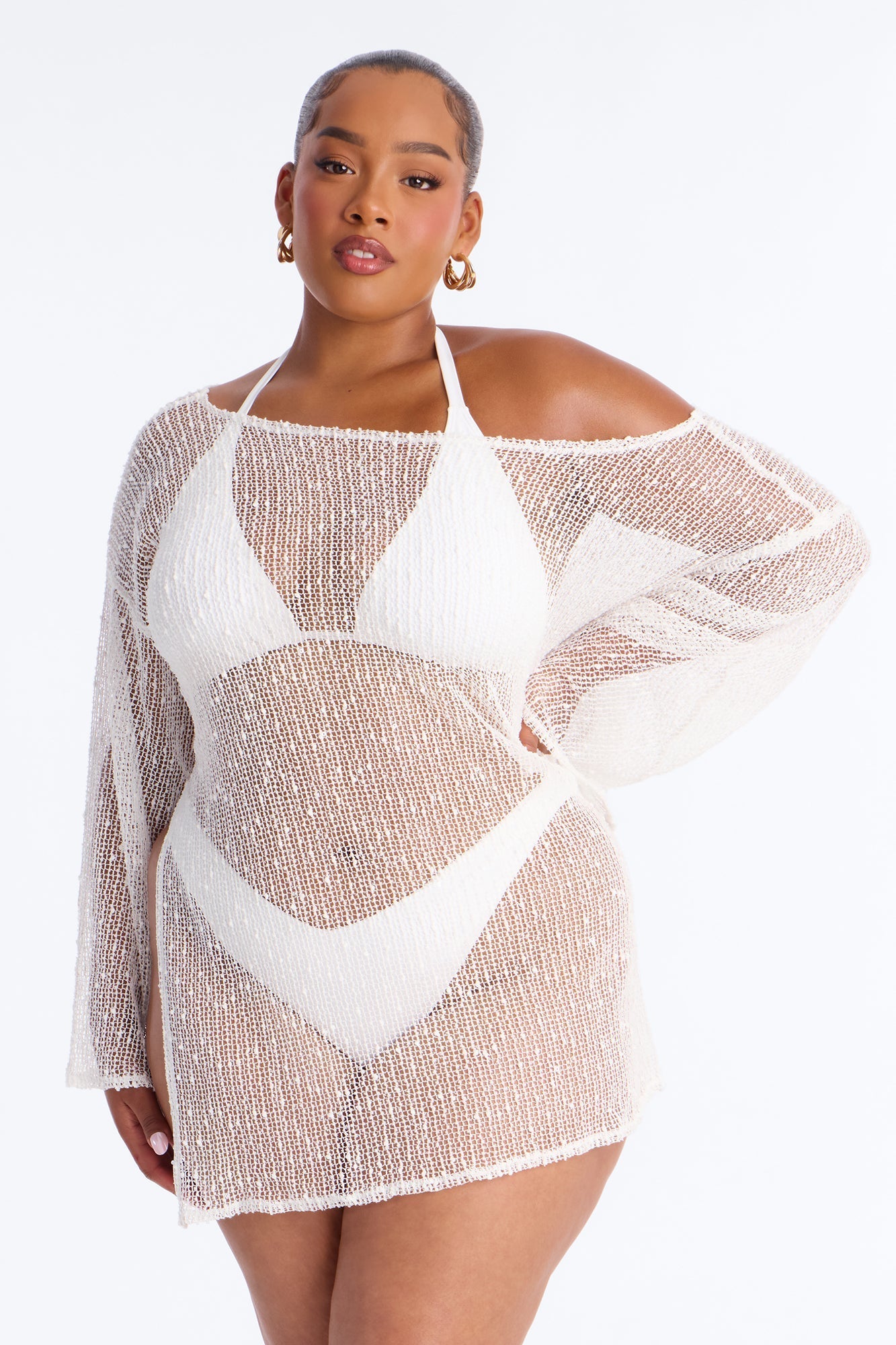 Sarah Textured Long Sleeves Off Shoulder Swim Cover Up Top - White Fashion Nova