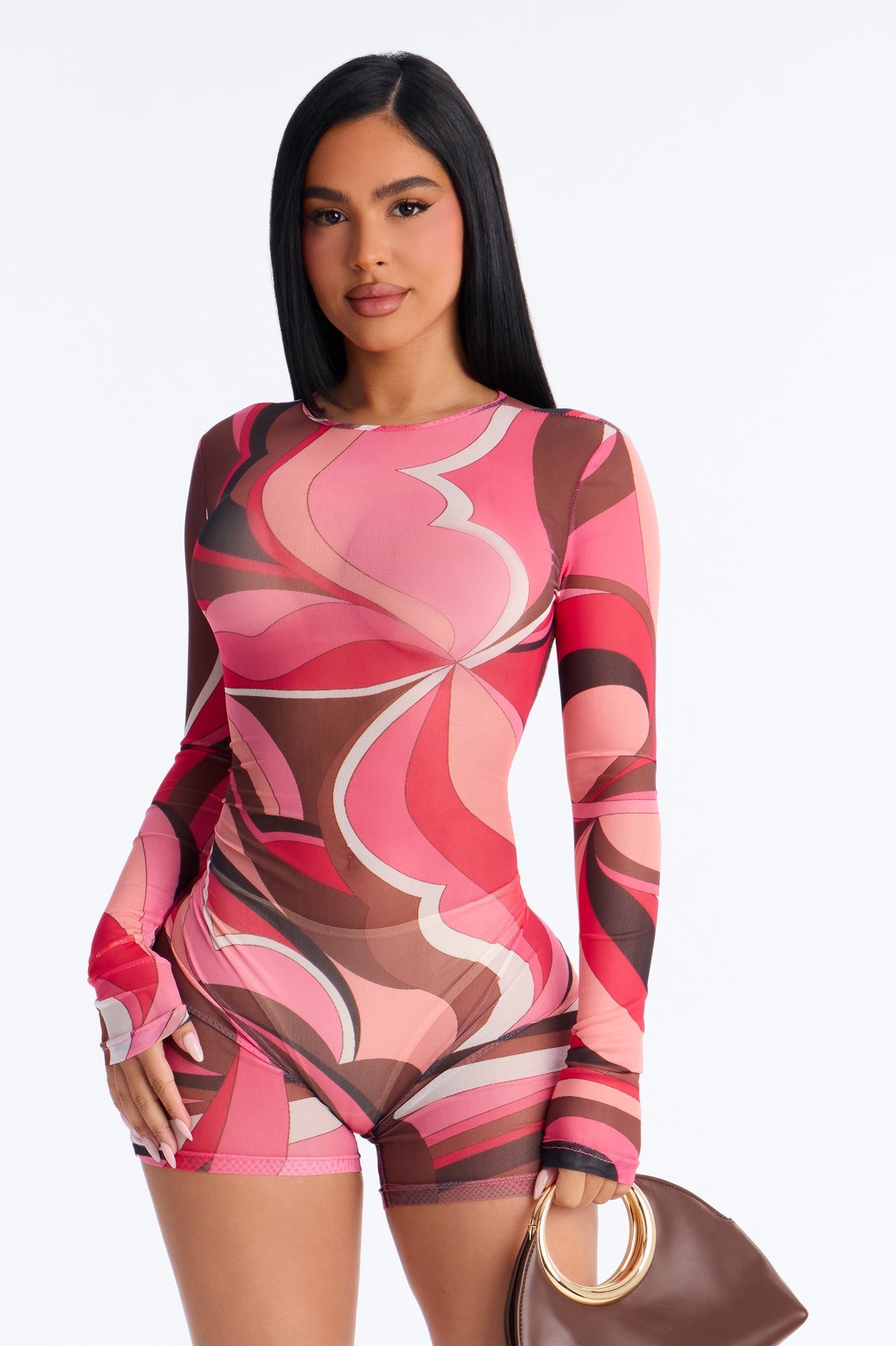 Tiana Long Sleeve Mesh Romper - Hot Pink Fashion Nova