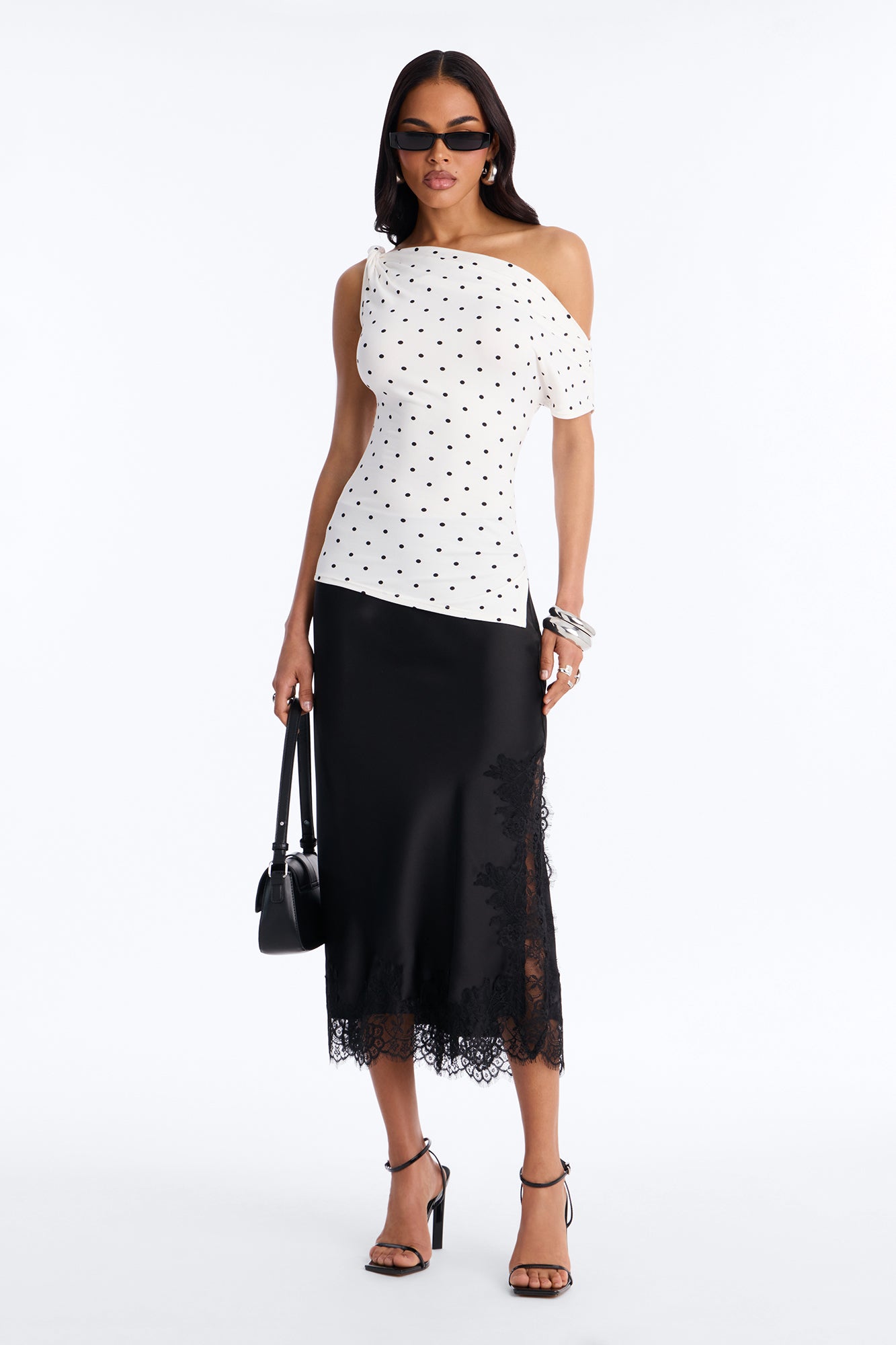 Liv Twist Off Shoulder Polka Dot Short Sleeve Top - White/Black Fashion Nova