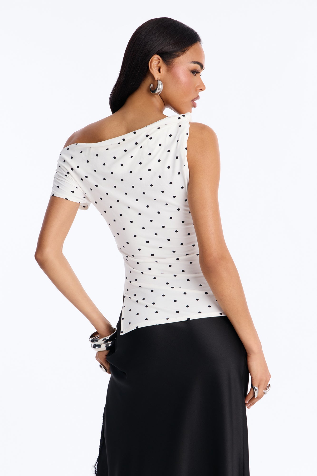 Liv Twist Off Shoulder Polka Dot Short Sleeve Top - White/Black Fashion Nova