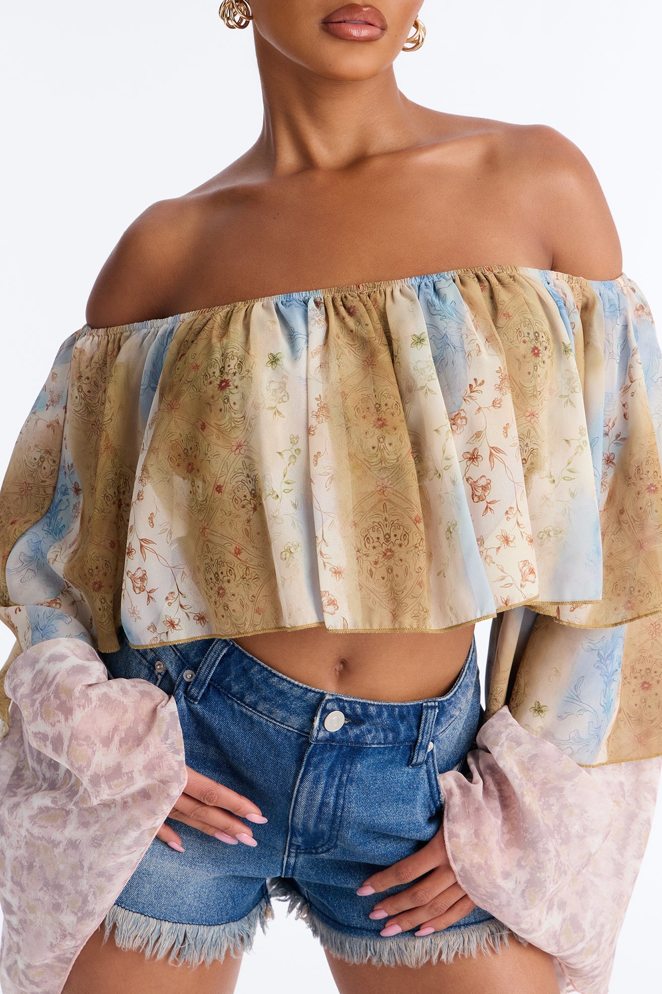 Part of The Job Ruffle Off Shoulder Chiffon Top - Multi Color
