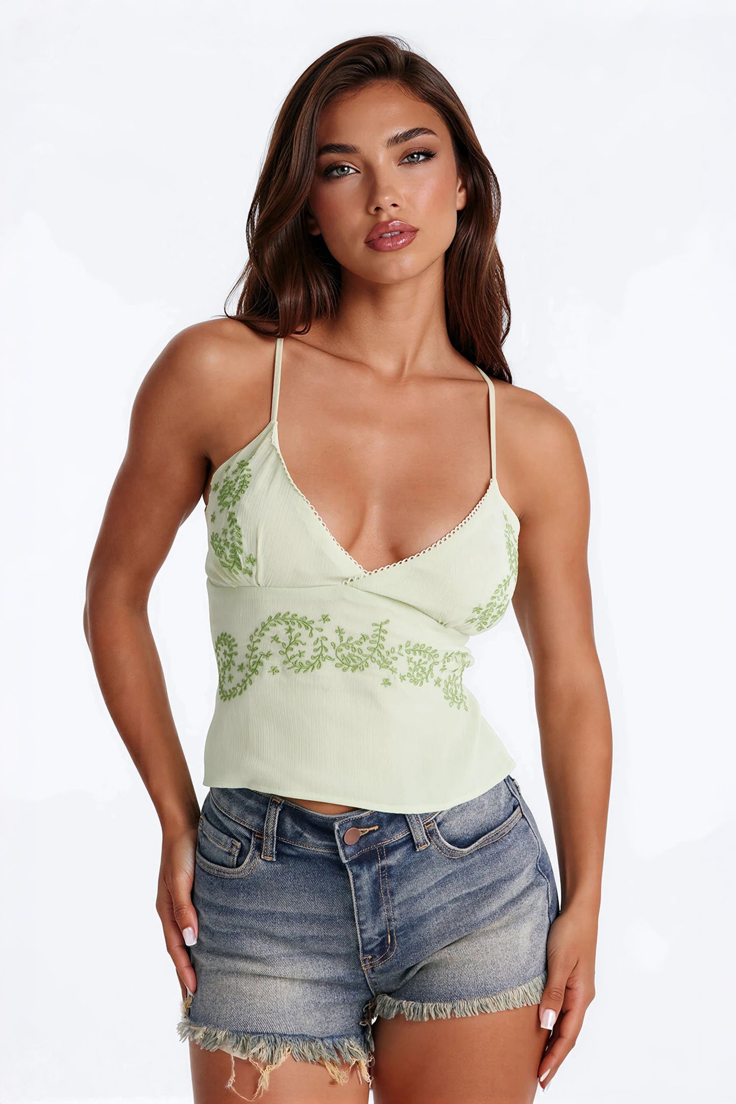 Lemonade Lips Embroidered Chiffon Top - Green