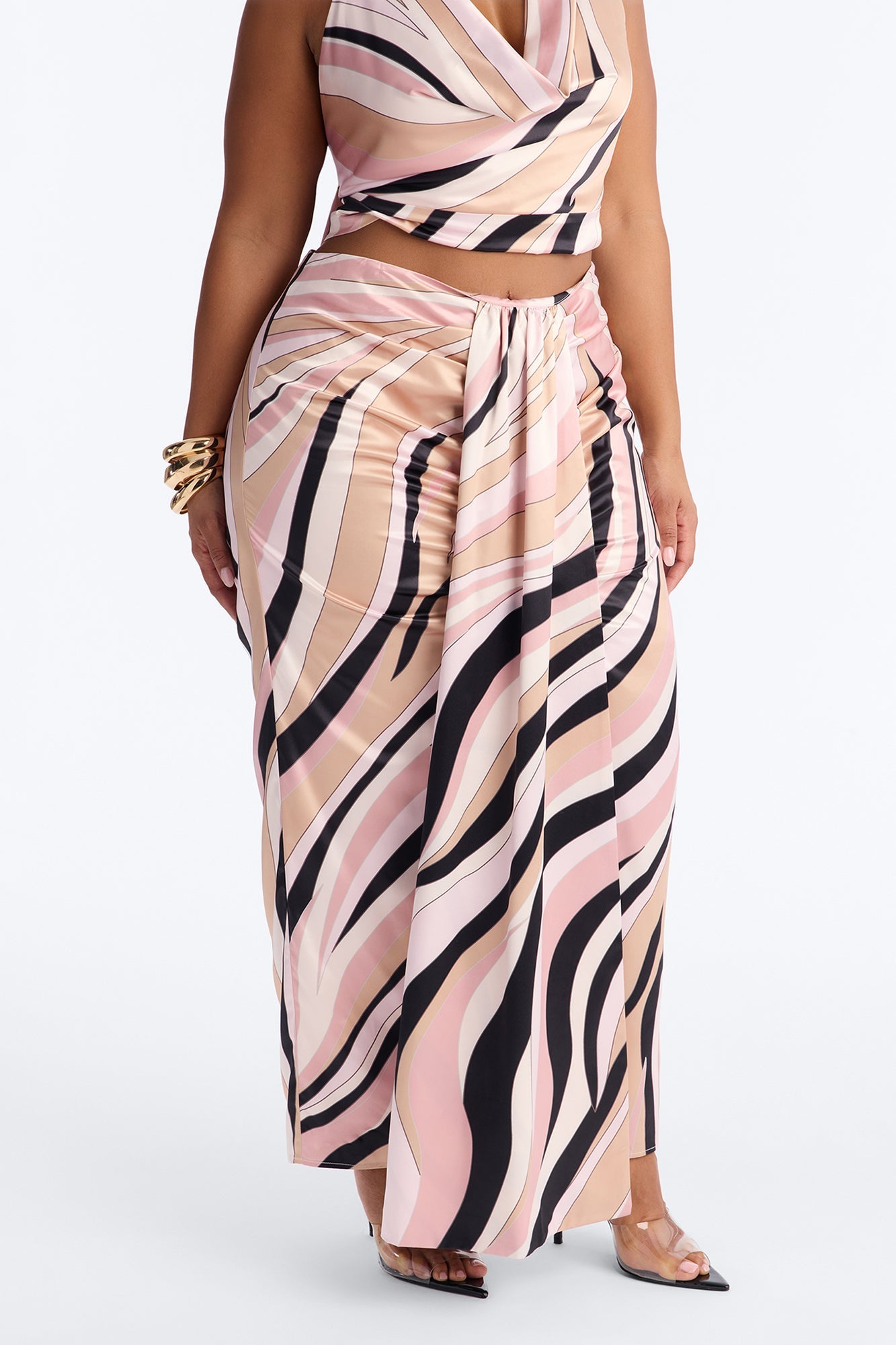 Untamed Abstract Satin Cowl Top And Head Scarf - Pink/combo