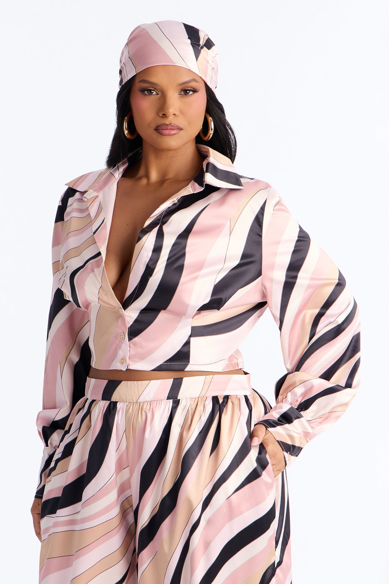 Untamed Abstract Satin Pant Set And Head Scarf - Pink/combo