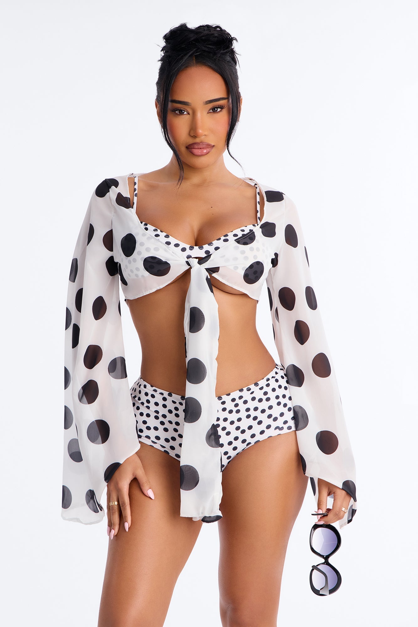 Warm Vacay Sheer Flare Sleeve Front Tie Boyshort 3 Piece Bikini Set - White/Black Fashion Nova