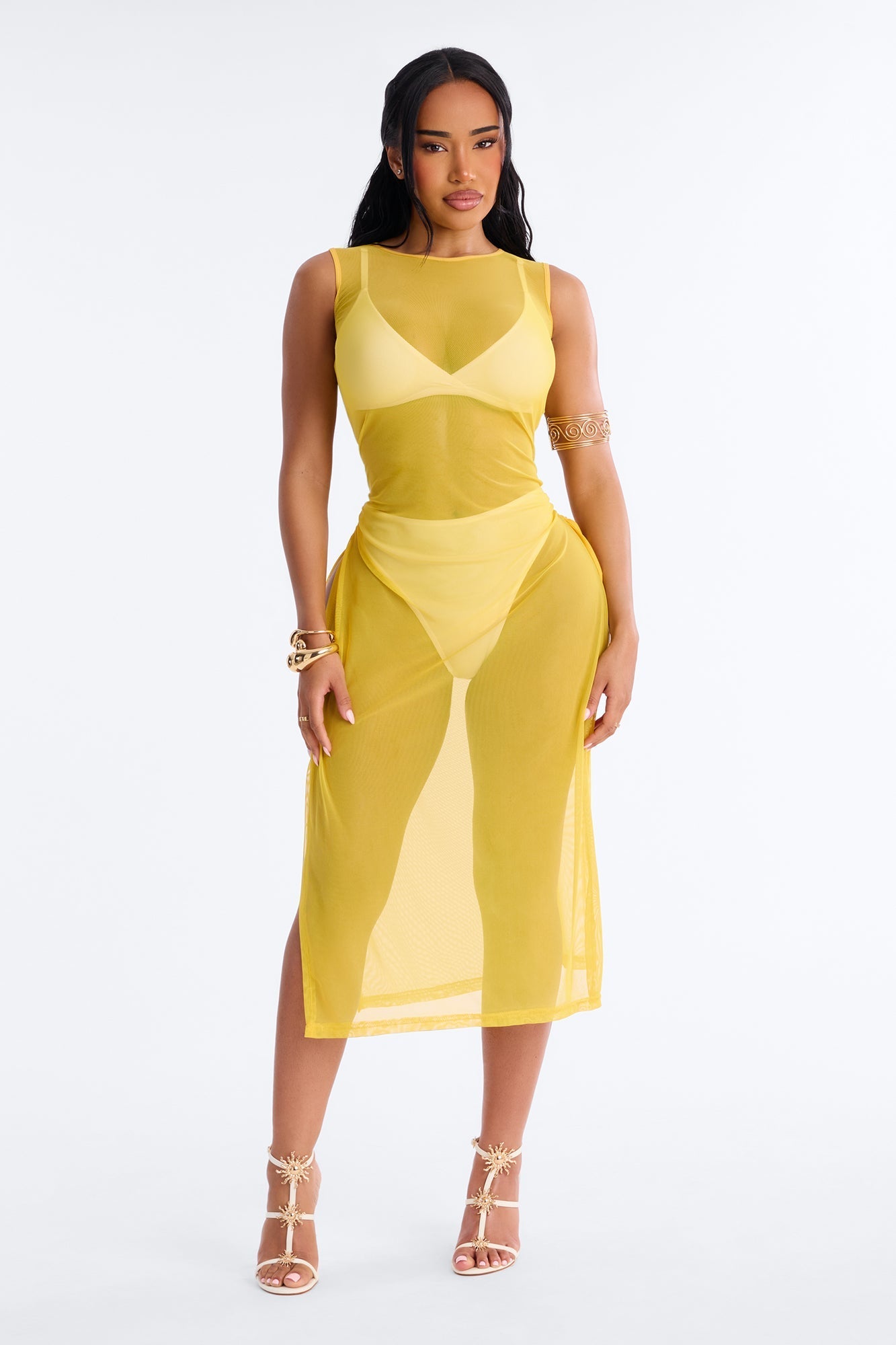 Sheer Thing Mesh Swim Cover Up Dress - Mustard Fashion Nova