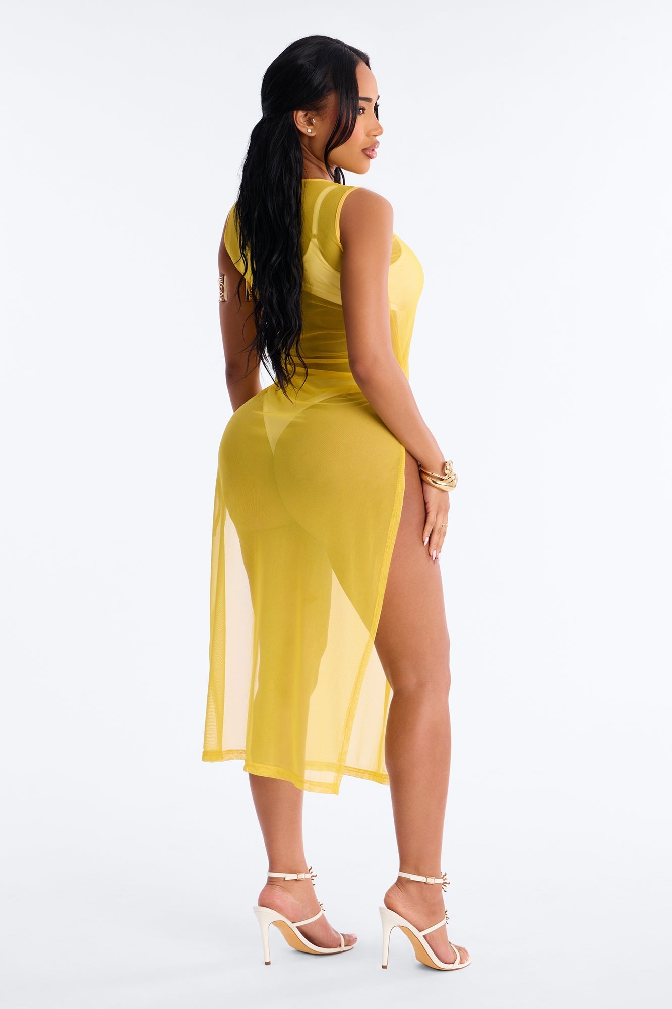 Sheer Thing Mesh Swim Cover Up Dress - Mustard Fashion Nova