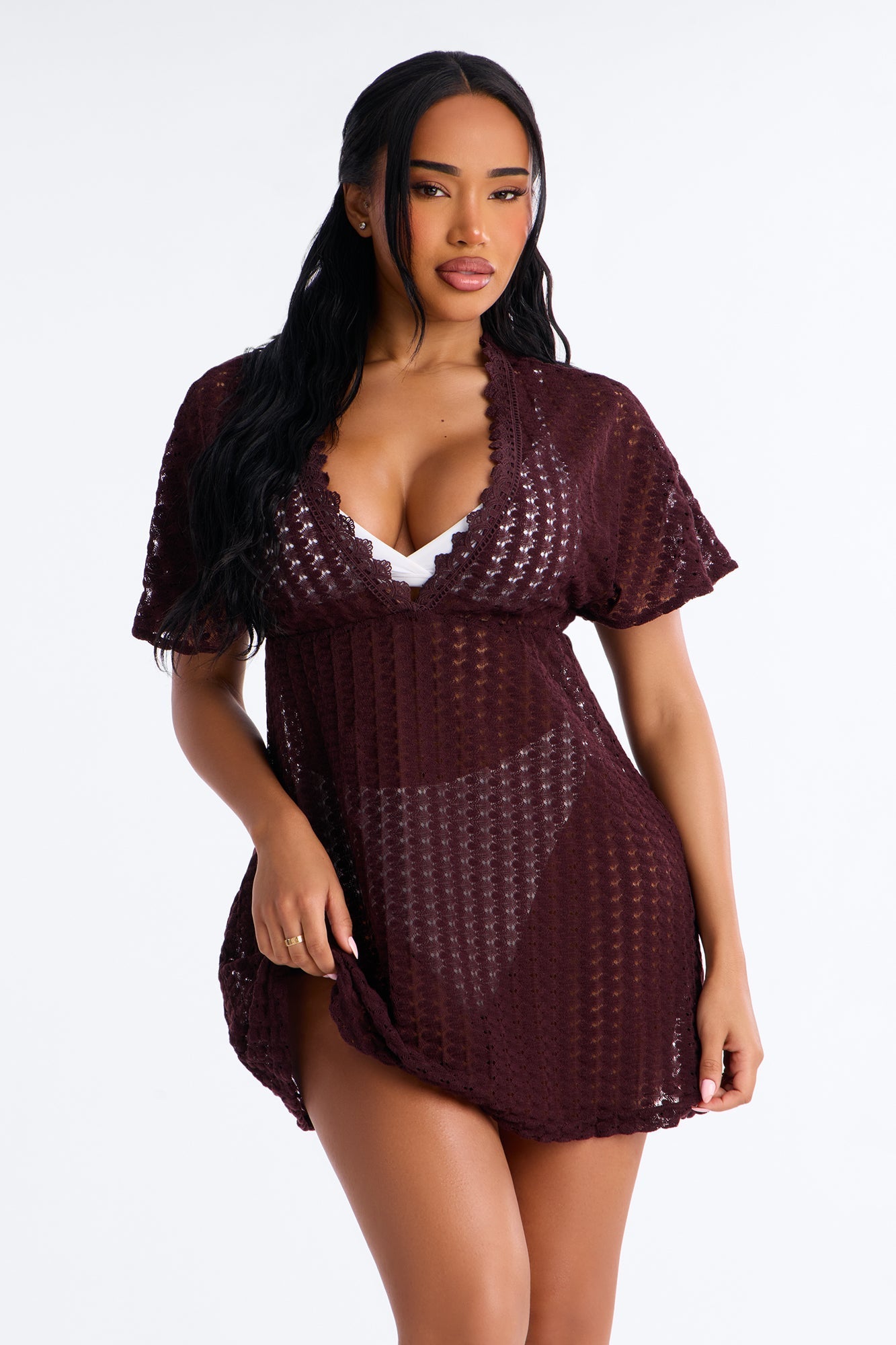 Palm Tree Shade Swim Cover Up Mini Dress - Chocolate Fashion Nova