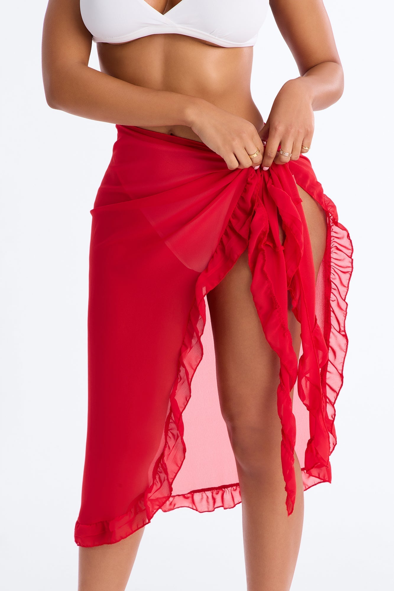 Beach Vibes Maxi Ruffle Trim Waist Tie Swim Cover Up Sarong - Red Fashion Nova