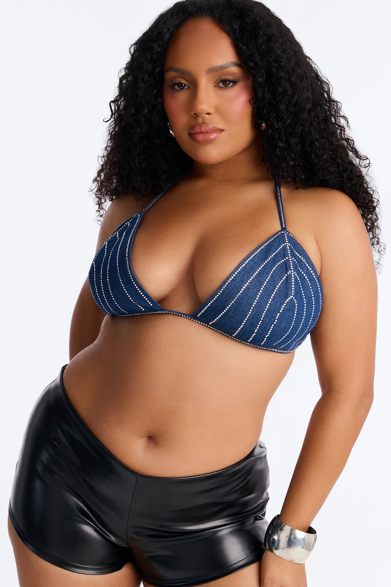 Bedazzled Everything Rhinestone Denim Bra Top - Dark Wash
