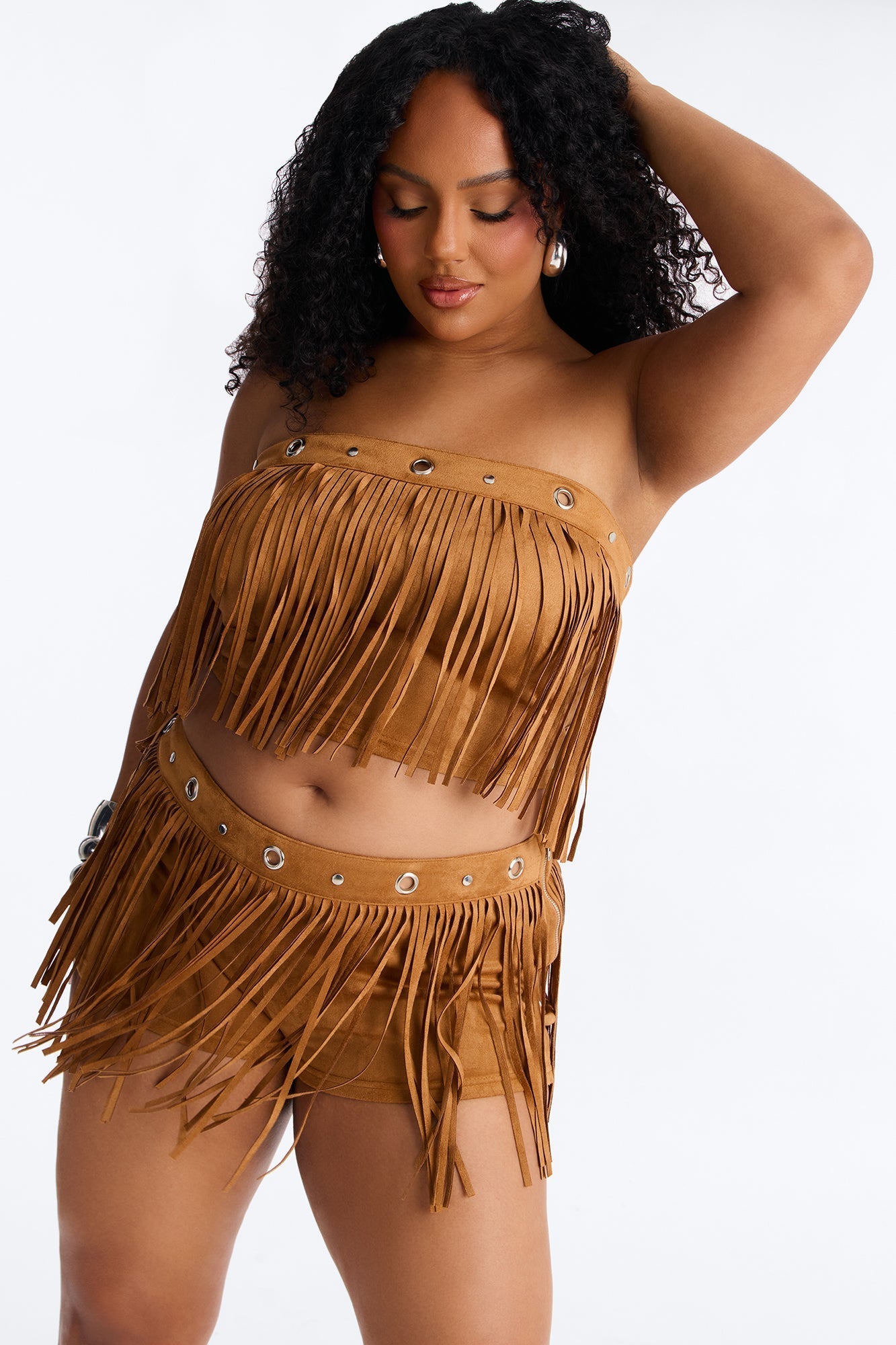 See My Swag Faux Suede Fringe Short Set - Cognac Fashion Nova