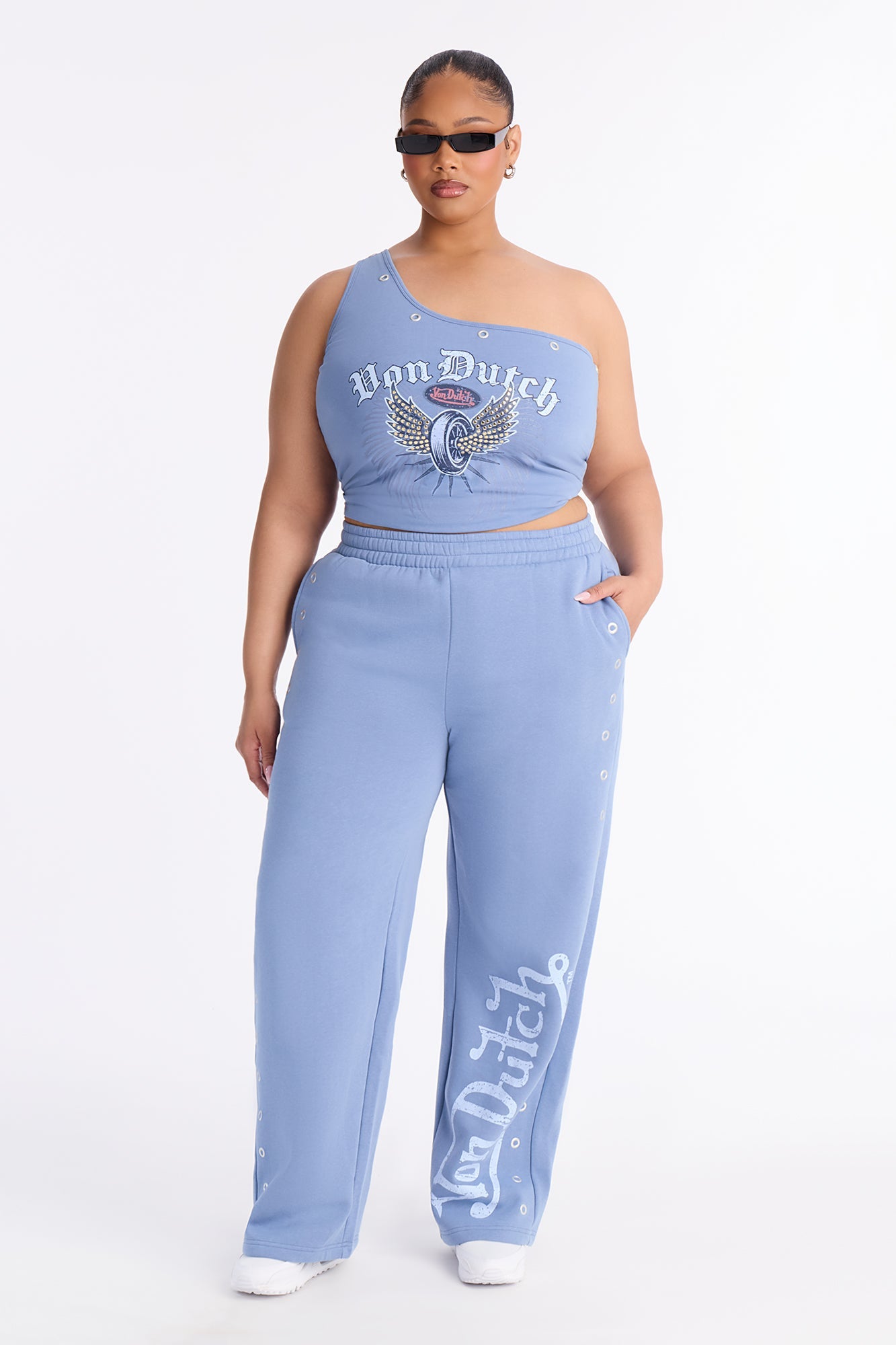 Von Dutch One Shoulder Studded Tank Top - Light Blue
