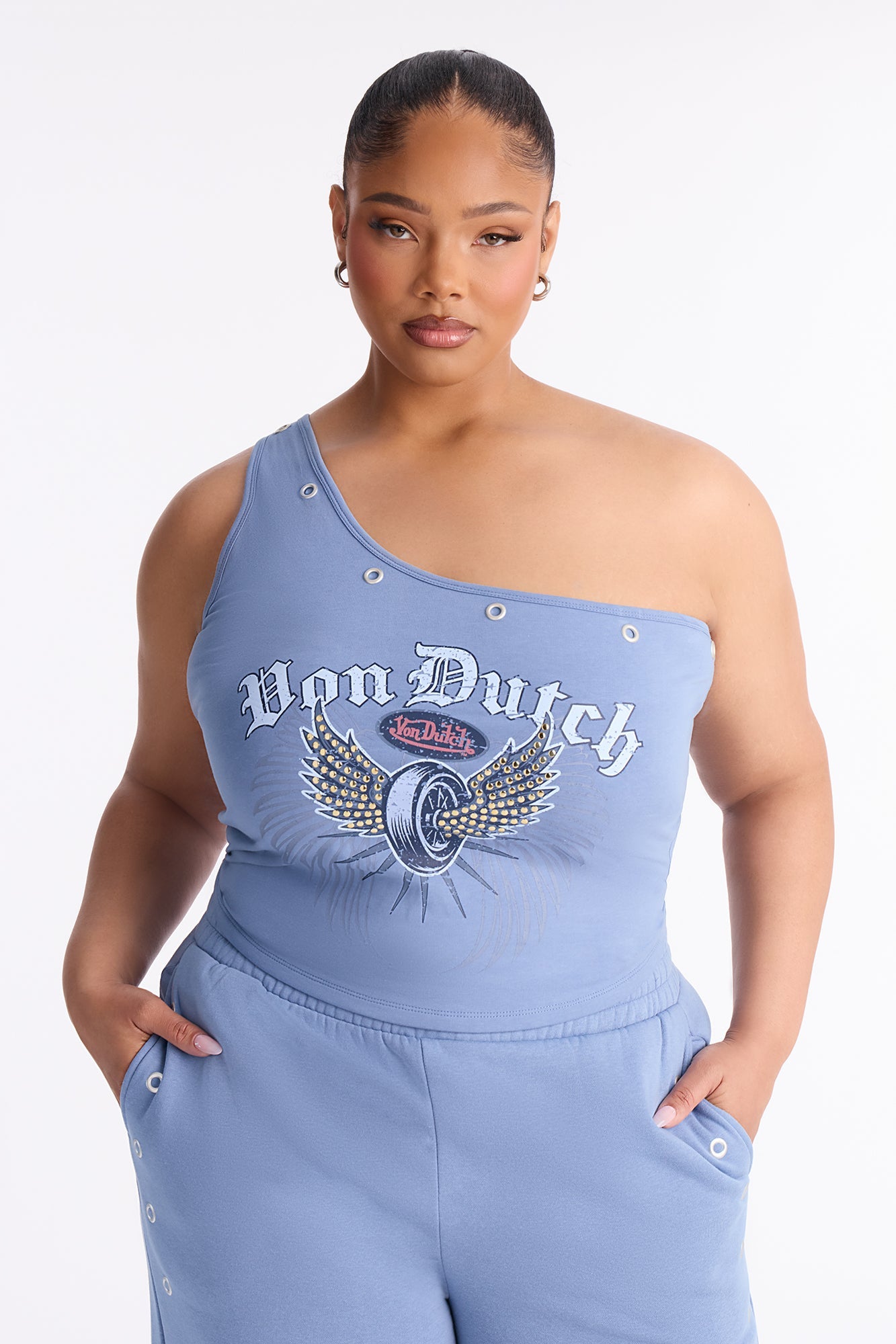 Von Dutch One Shoulder Studded Tank Top - Light Blue